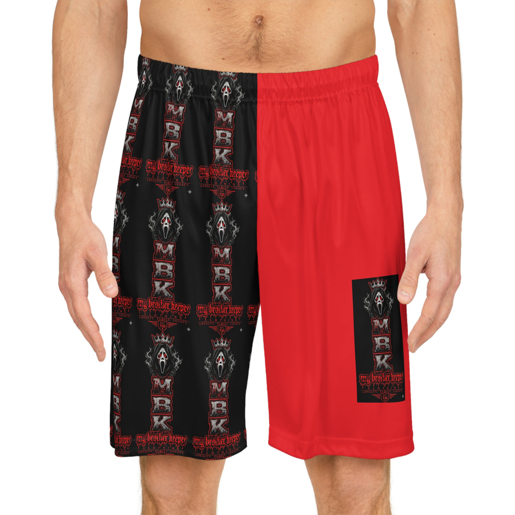 Basketball Shorts — Red & Black All-Over Print with 'Shaker' Skull Graphic
