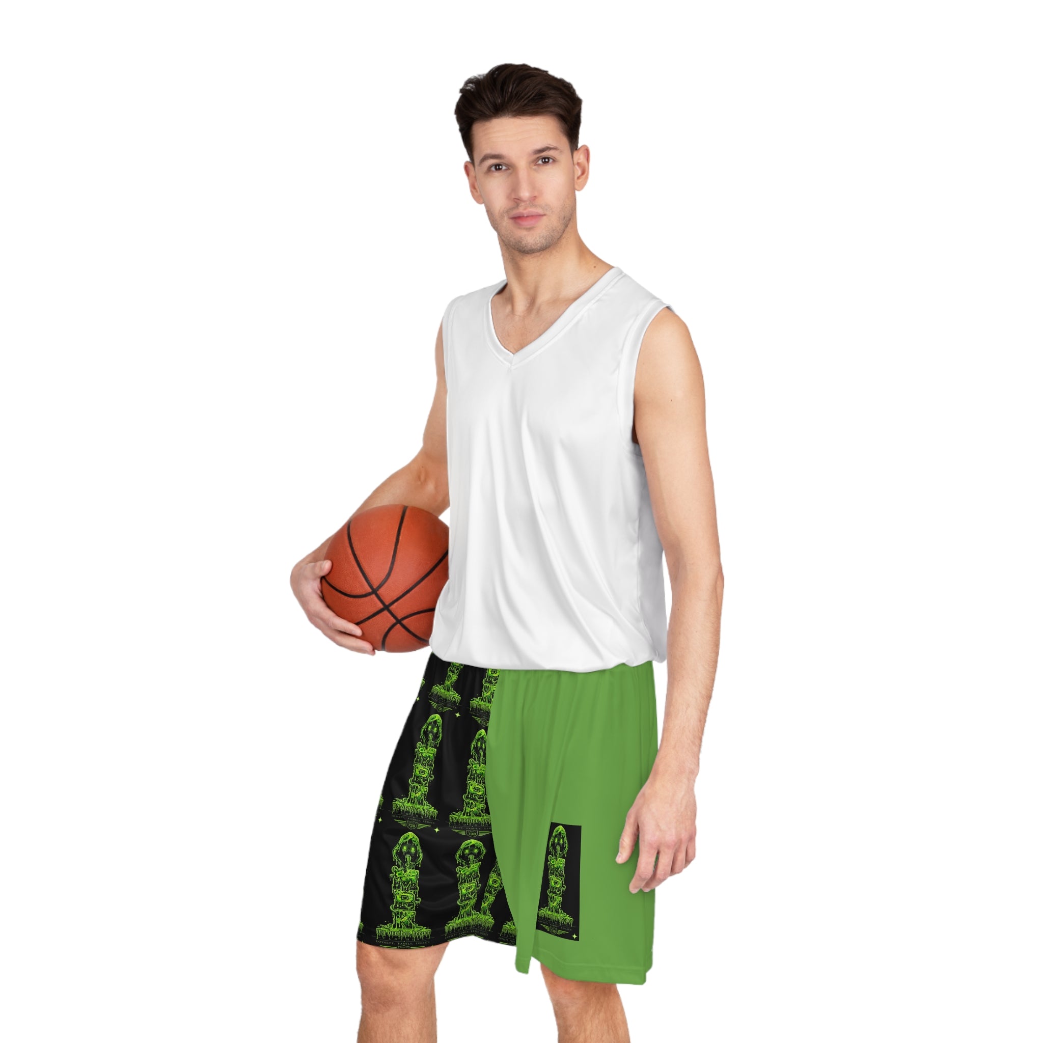 Neon Green Statue Basketball Shorts — All-Over Print Athletic Shorts
