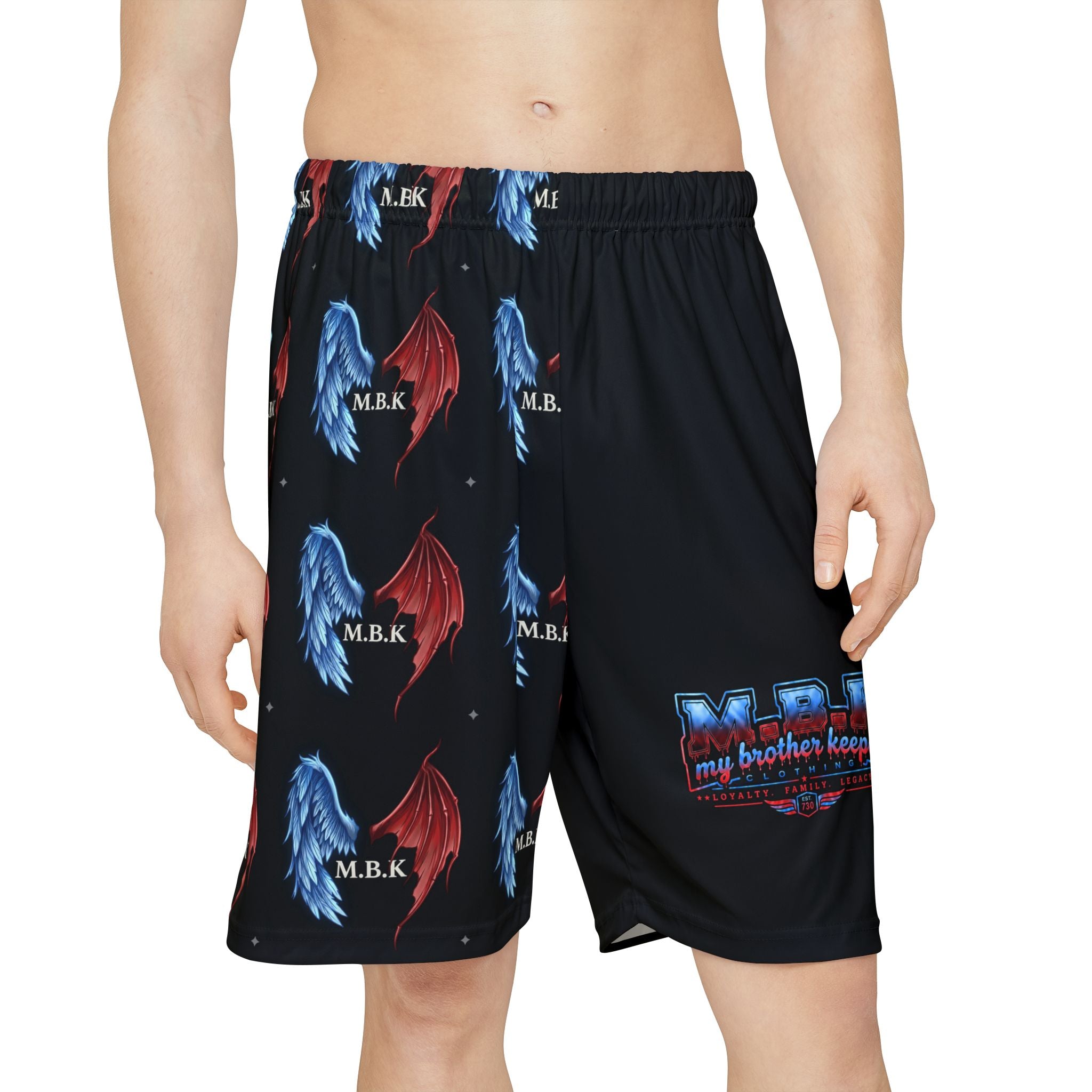 Men’s Athletic Shorts — Red & Blue Wing Pattern with 'M.B.K.' Accent