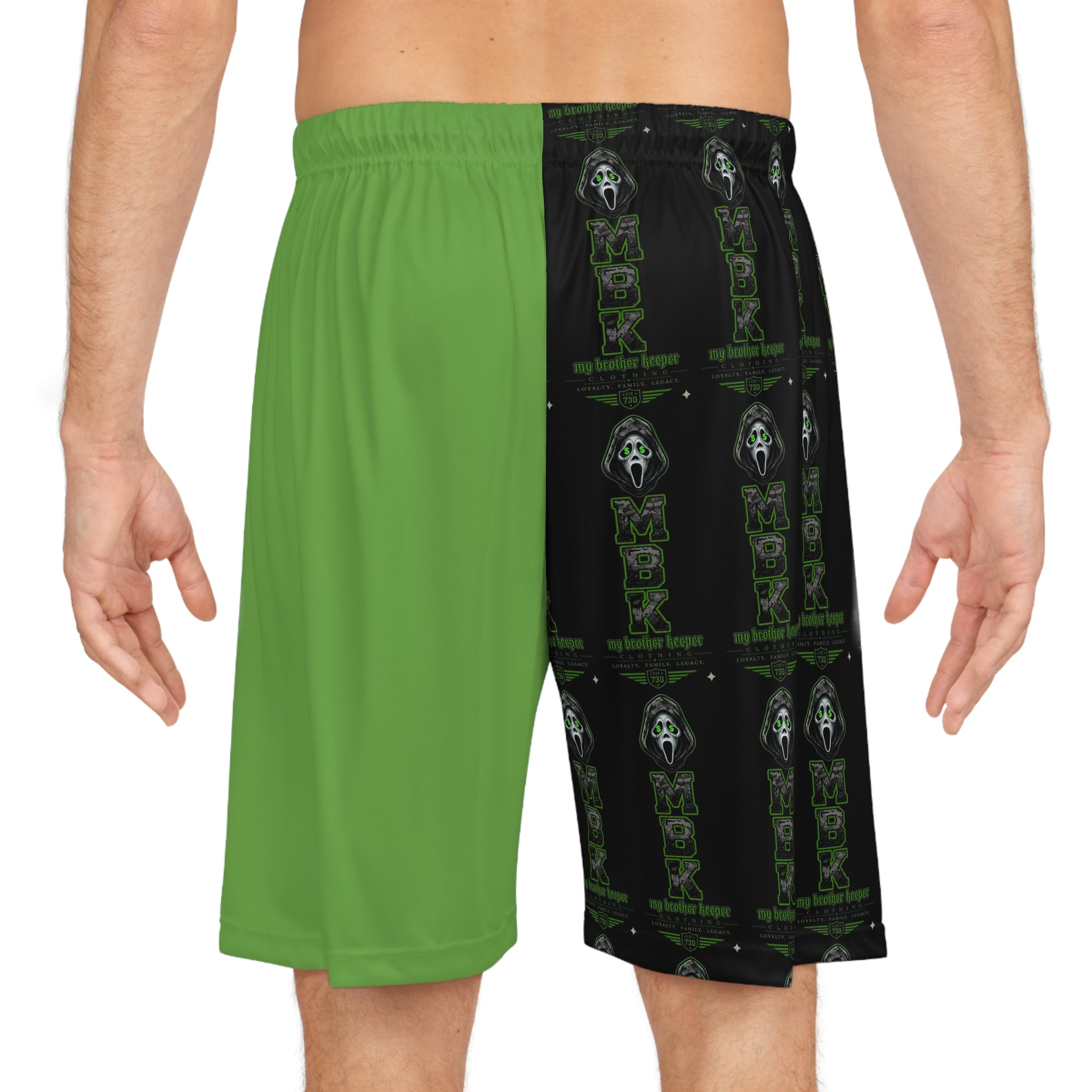 Basketball Shorts — Green & Black Horror Scream Mask All-Over Print
