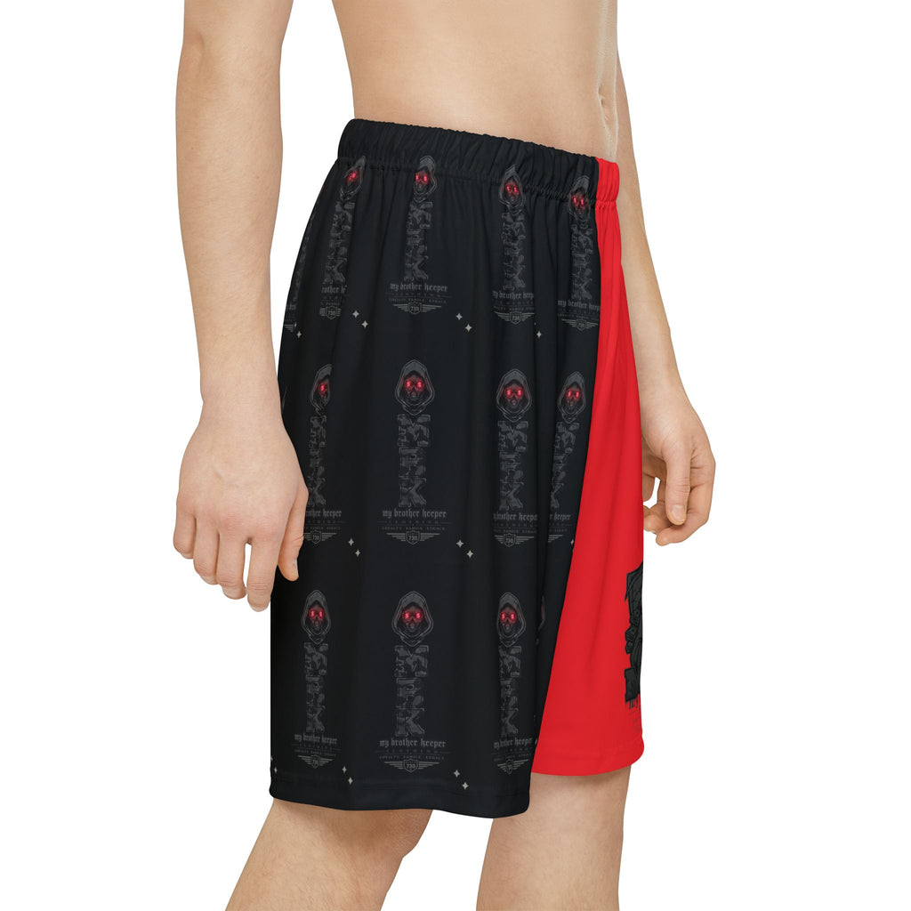 Men’s Split Red & Black Athletic Shorts — Gothic Crest All-Over Print