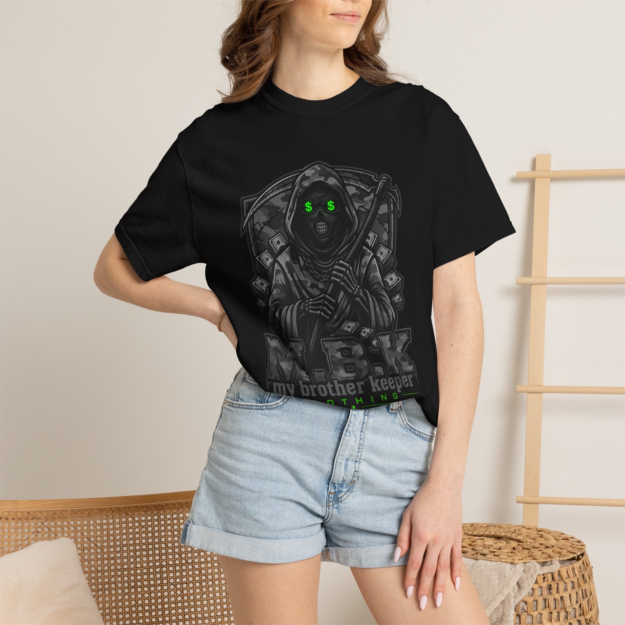 My Brother Keeper Reaper T-Shirt — Gothic Grim Reaper Tee with Neon Green Eyes