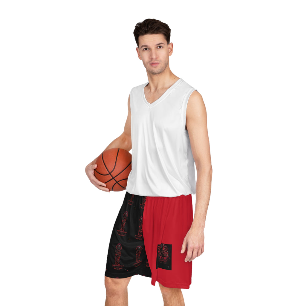 Basketball Shorts - Red & Black All-Over Print Trophy Design