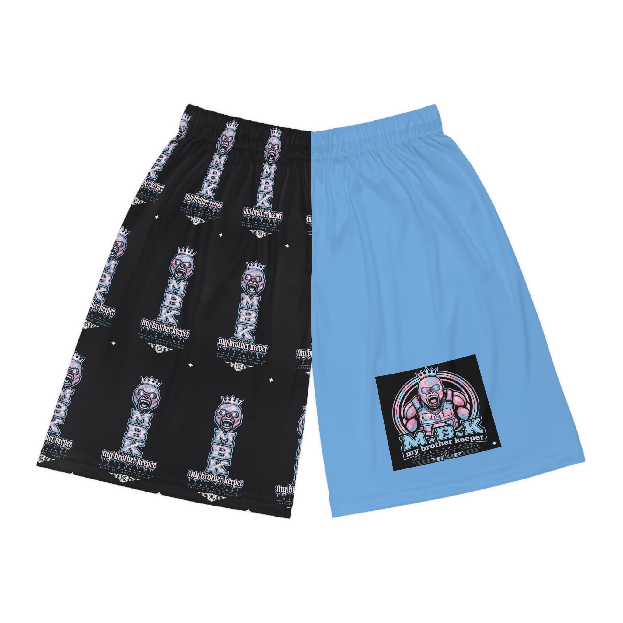 Split-Panel Basketball Shorts with MBK Logo — AOP Athletic Game Shorts