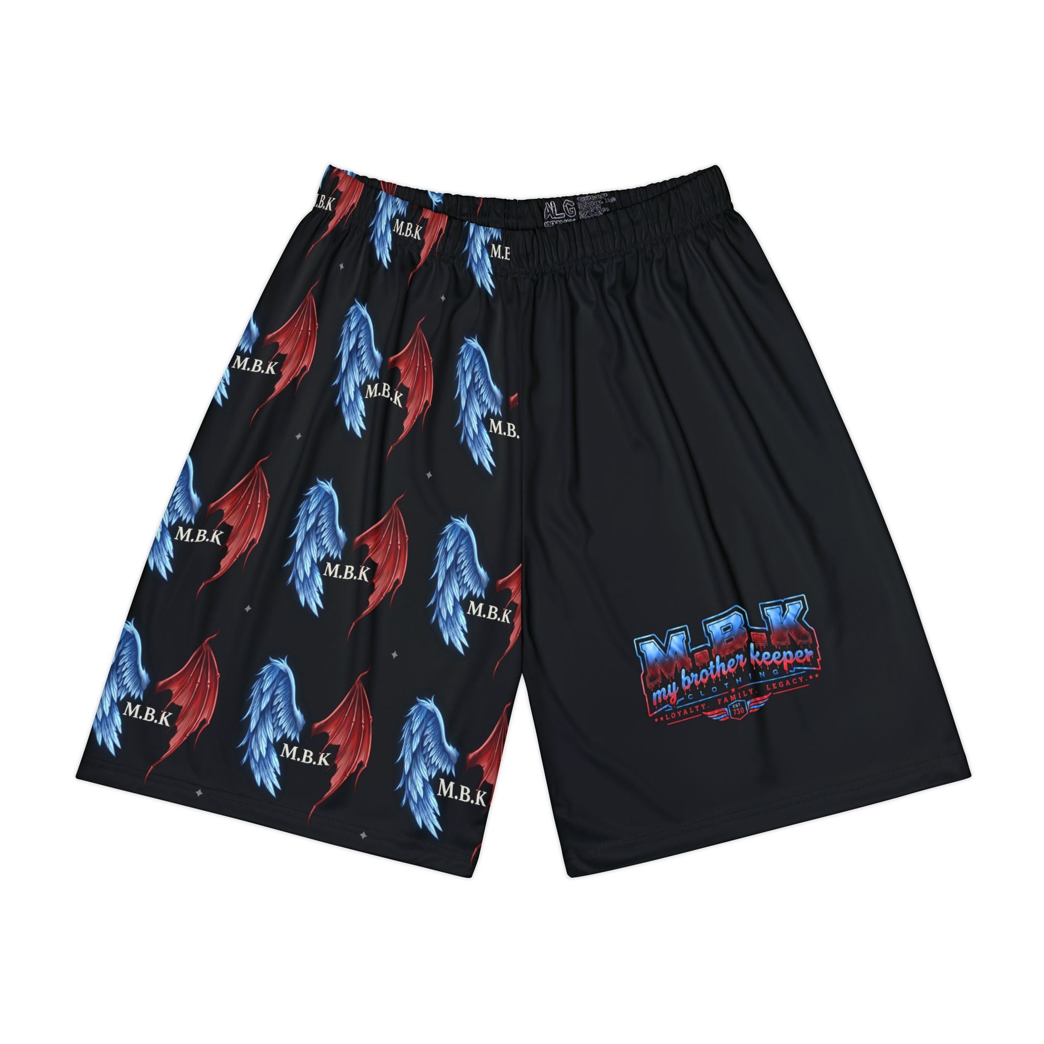 Men’s Athletic Shorts — Red & Blue Wing Pattern with 'M.B.K.' Accent
