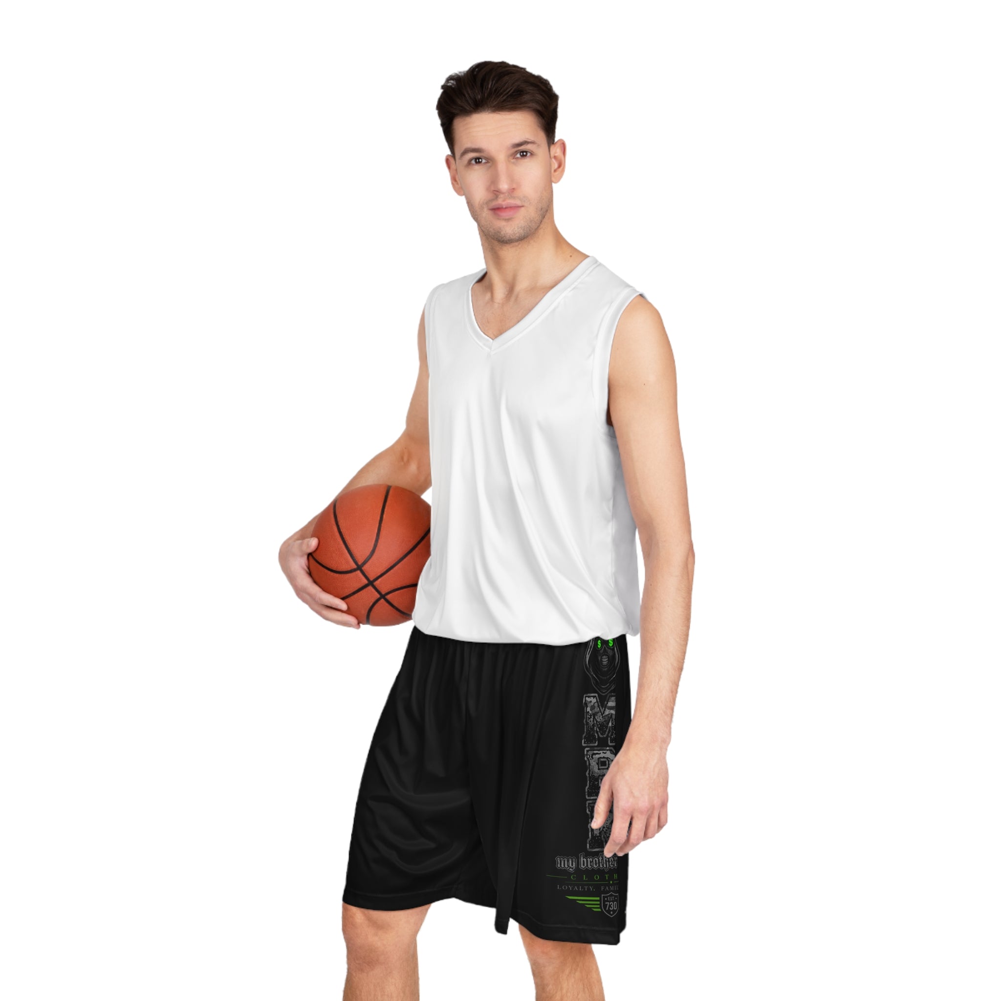 Basketball Shorts - Black Graphic AOP Shorts with Green Accent