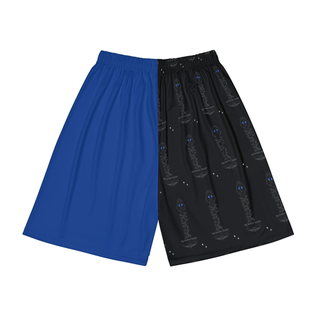 Galaxy Blue & Black Split Athletic Shorts — Space Skull Graphic Men’s Sports Shorts