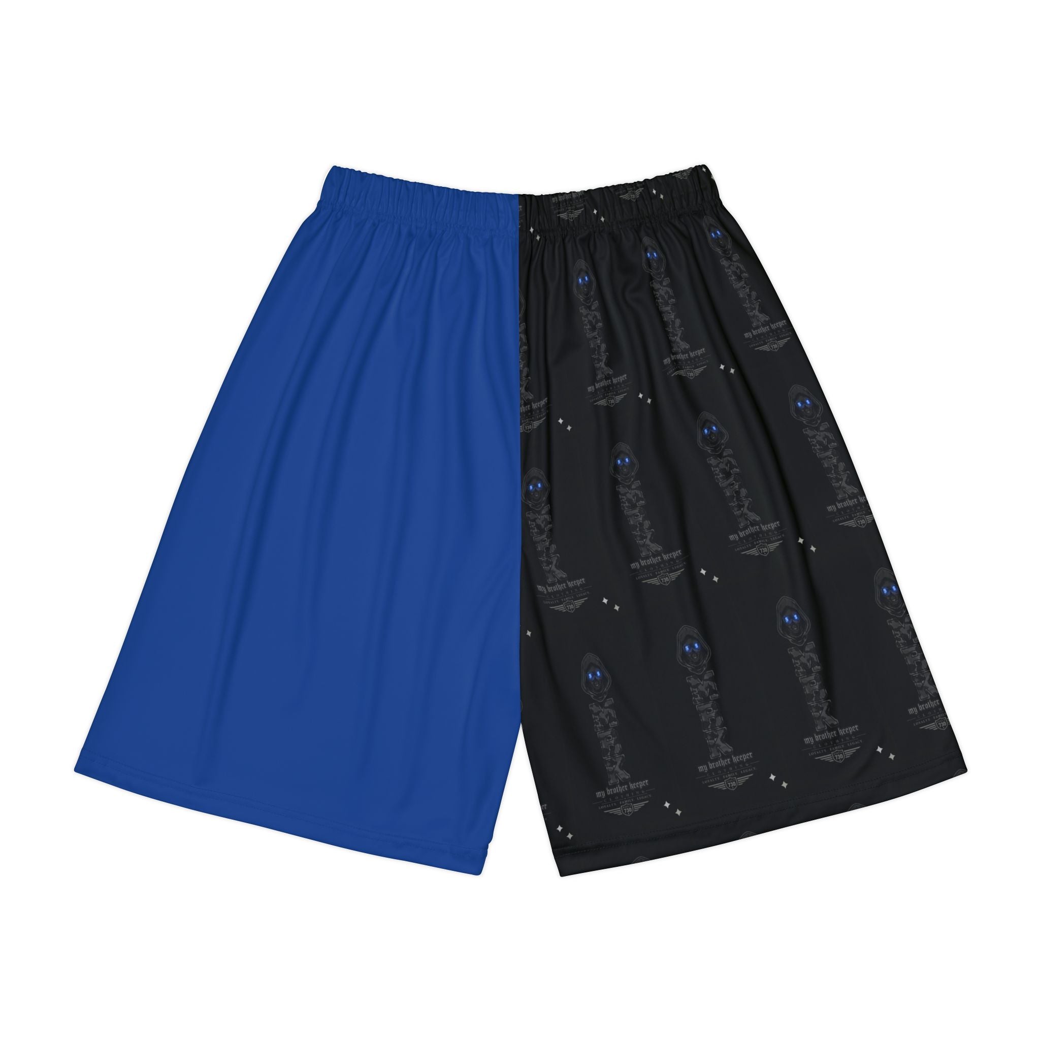 Galaxy Blue & Black Split Athletic Shorts — Space Skull Graphic Men’s Sports Shorts