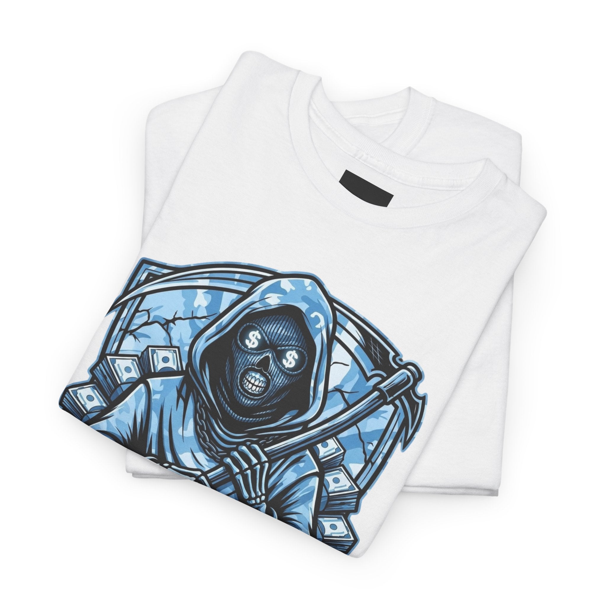 Grim Reaper Graphic Tee — M.B.K. Ice Blue Skull T-Shirt
