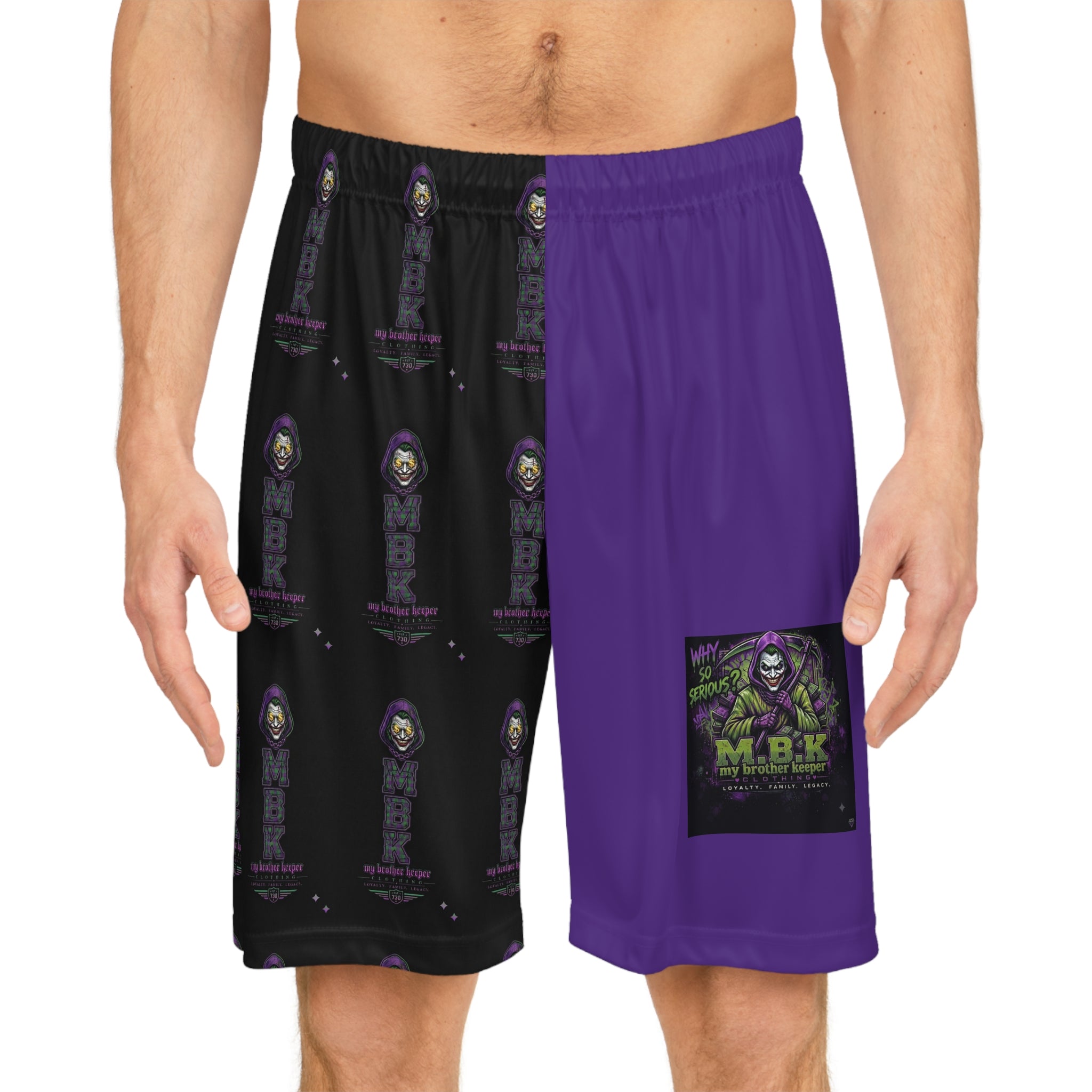 Basketball Shorts — Purple & Black All-Over Print with Icon Patch