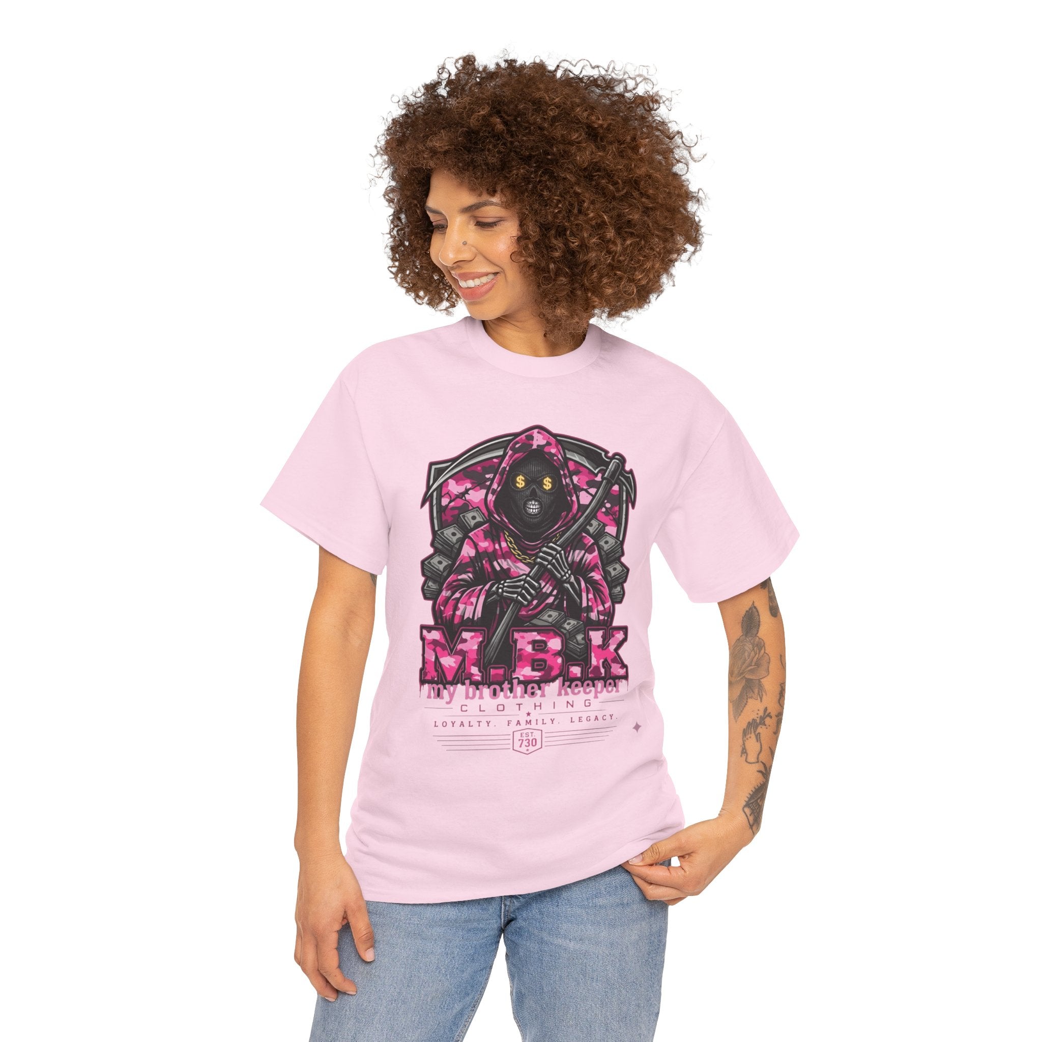 Grim Reaper 'M.B.K. My Brother Keeper' Graphic Tee — Pink Streetwear T-Shirt