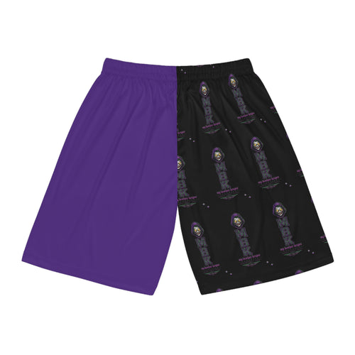 Basketball Shorts — Purple & Black All-Over Print with Icon Patch