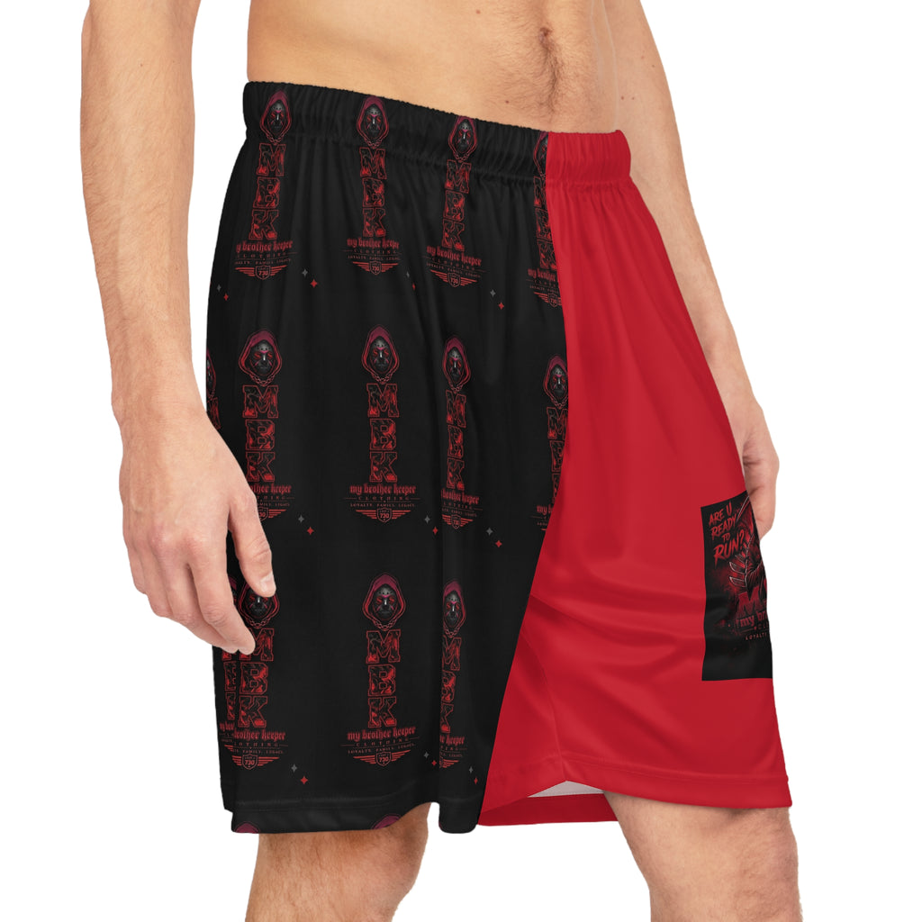 Basketball Shorts - Red & Black All-Over Print Trophy Design