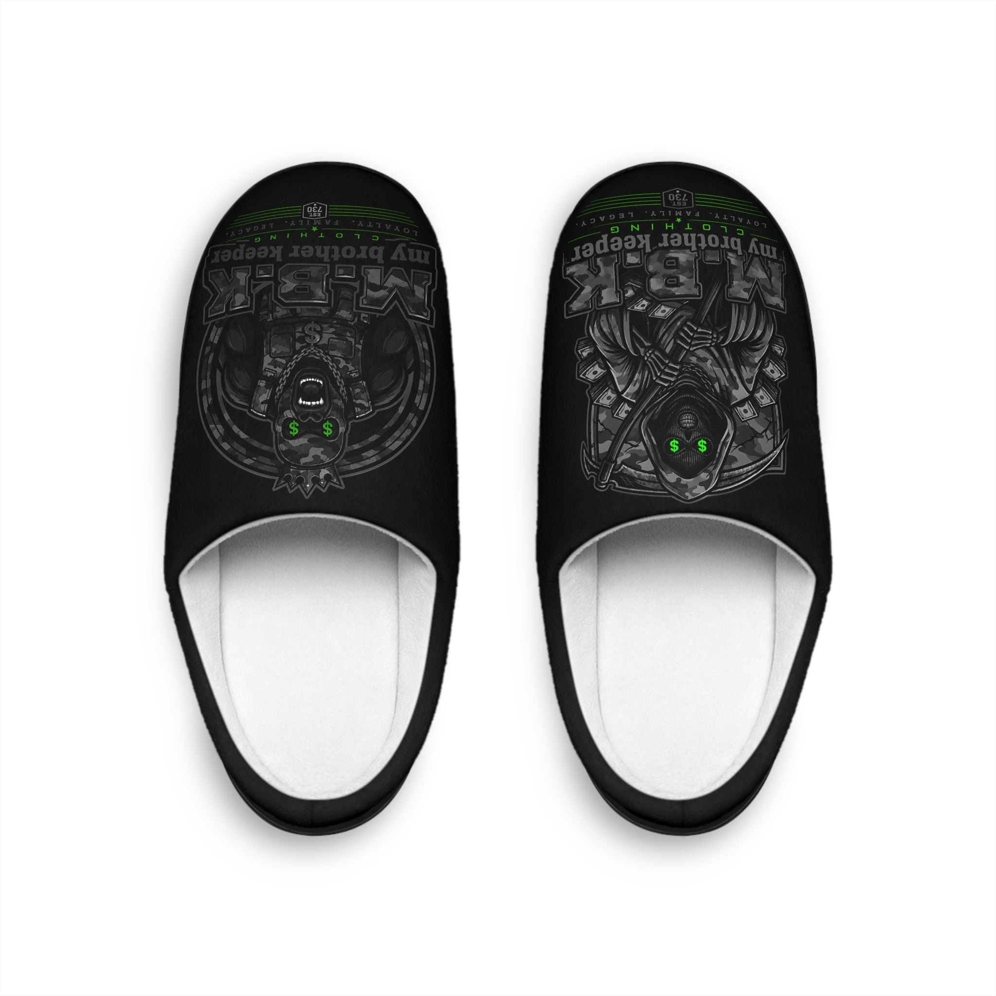 Men's Gothic Skull Indoor Slippers — 'My Brother, Keeper' Black Cozy House Shoes