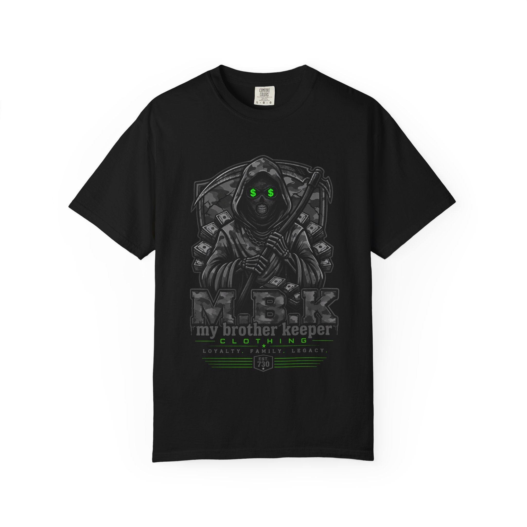 My Brother Keeper Reaper T-Shirt — Gothic Grim Reaper Tee with Neon Green Eyes