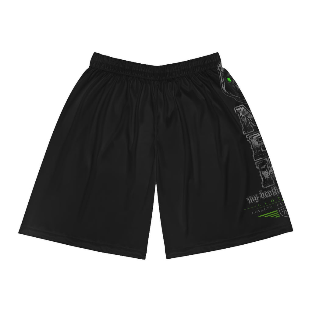 Basketball Shorts - Black Graphic AOP Shorts with Green Accent