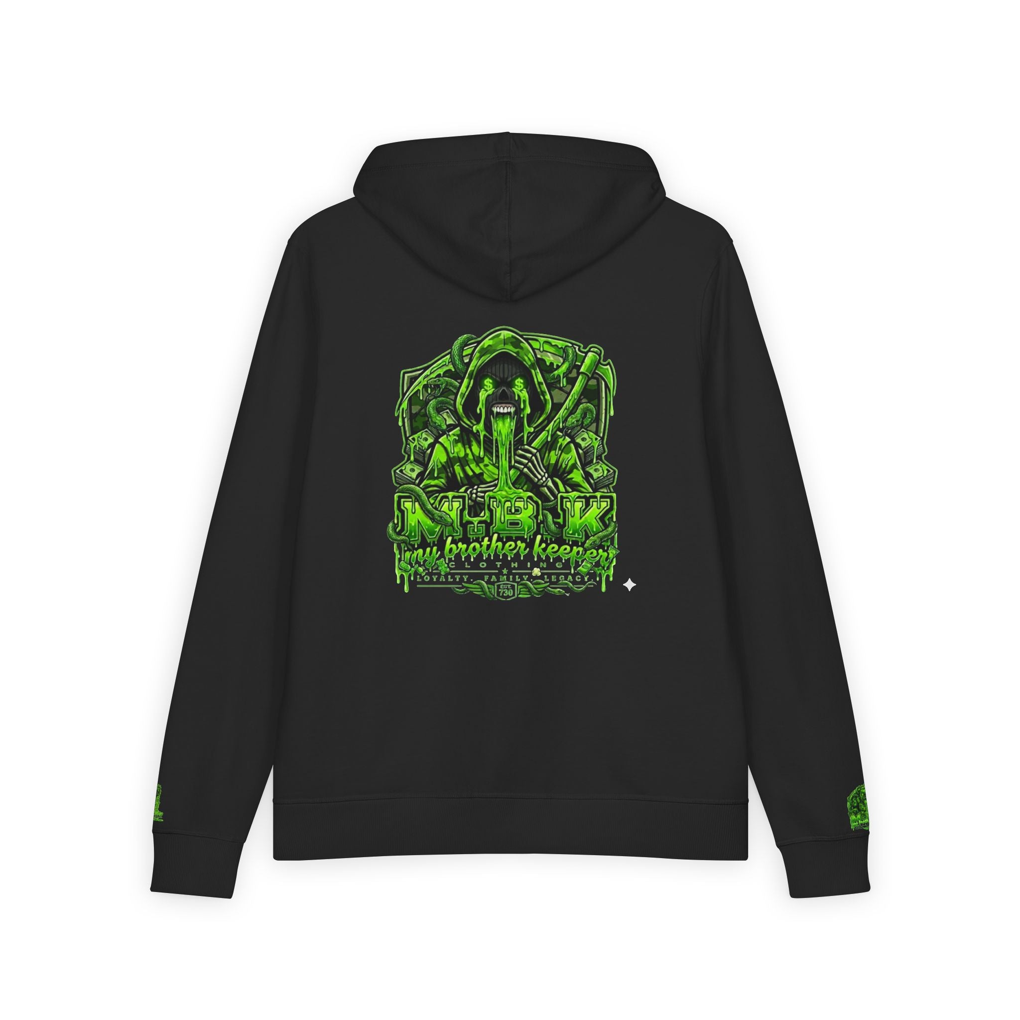 Men's Neon Green Horror Skull Zip Hoodie — 'Brother Keep' Graphic