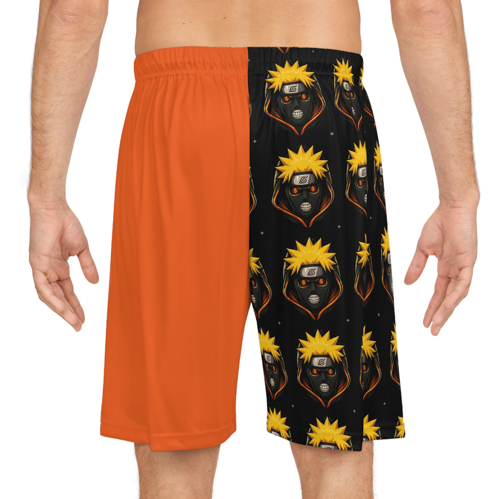 Anime-Inspired Orange Basketball Shorts — Dual-Panel AOP with Character Mask Pattern