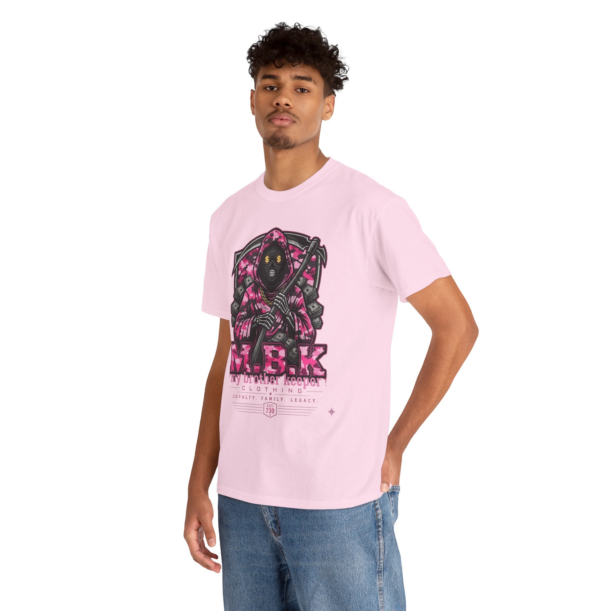 Grim Reaper 'M.B.K. My Brother Keeper' Graphic Tee — Pink Streetwear T-Shirt