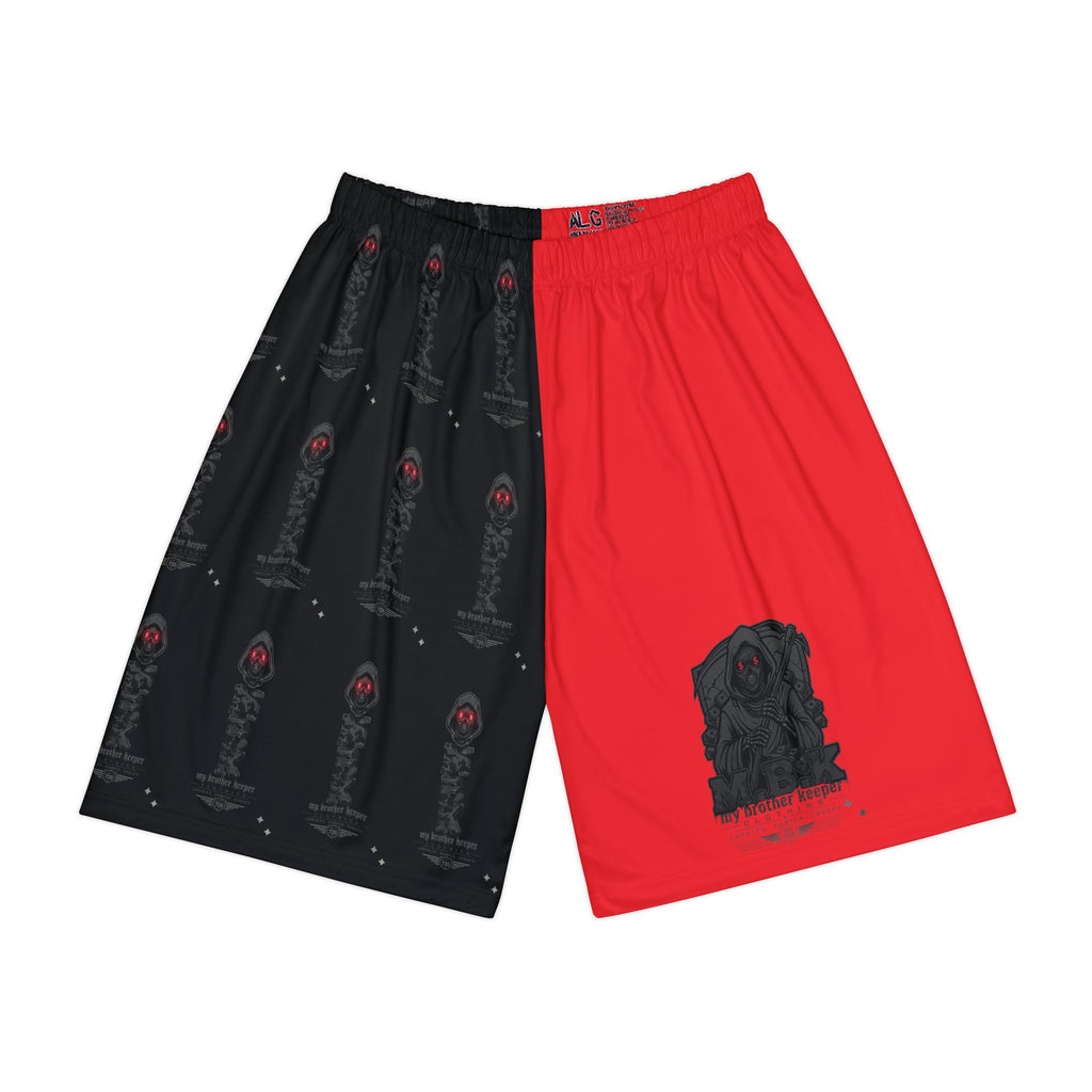 Men’s Split Red & Black Athletic Shorts — Gothic Crest All-Over Print