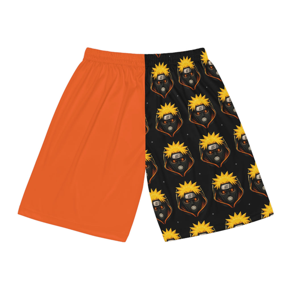 Anime-Inspired Orange Basketball Shorts — Dual-Panel AOP with Character Mask Pattern