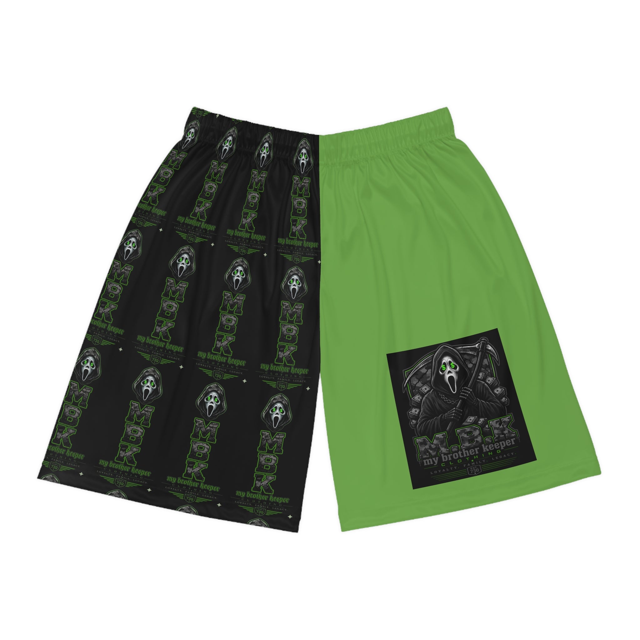 Basketball Shorts — Green & Black Horror Scream Mask All-Over Print
