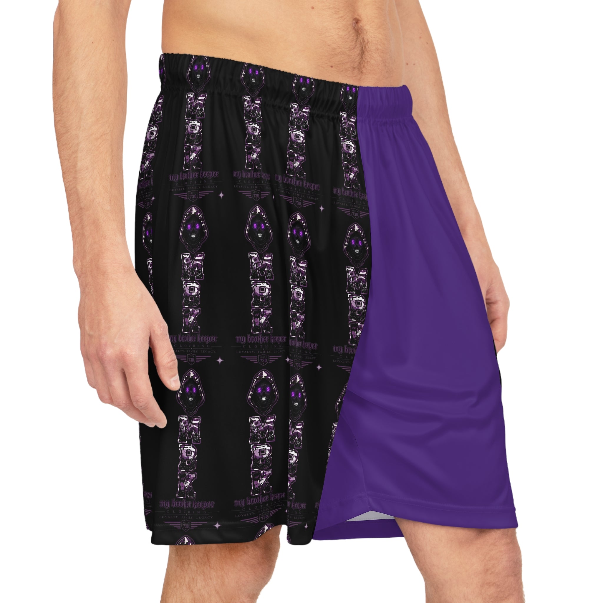 Purple Split-Panel Basketball Shorts with Gothic Skull AOP