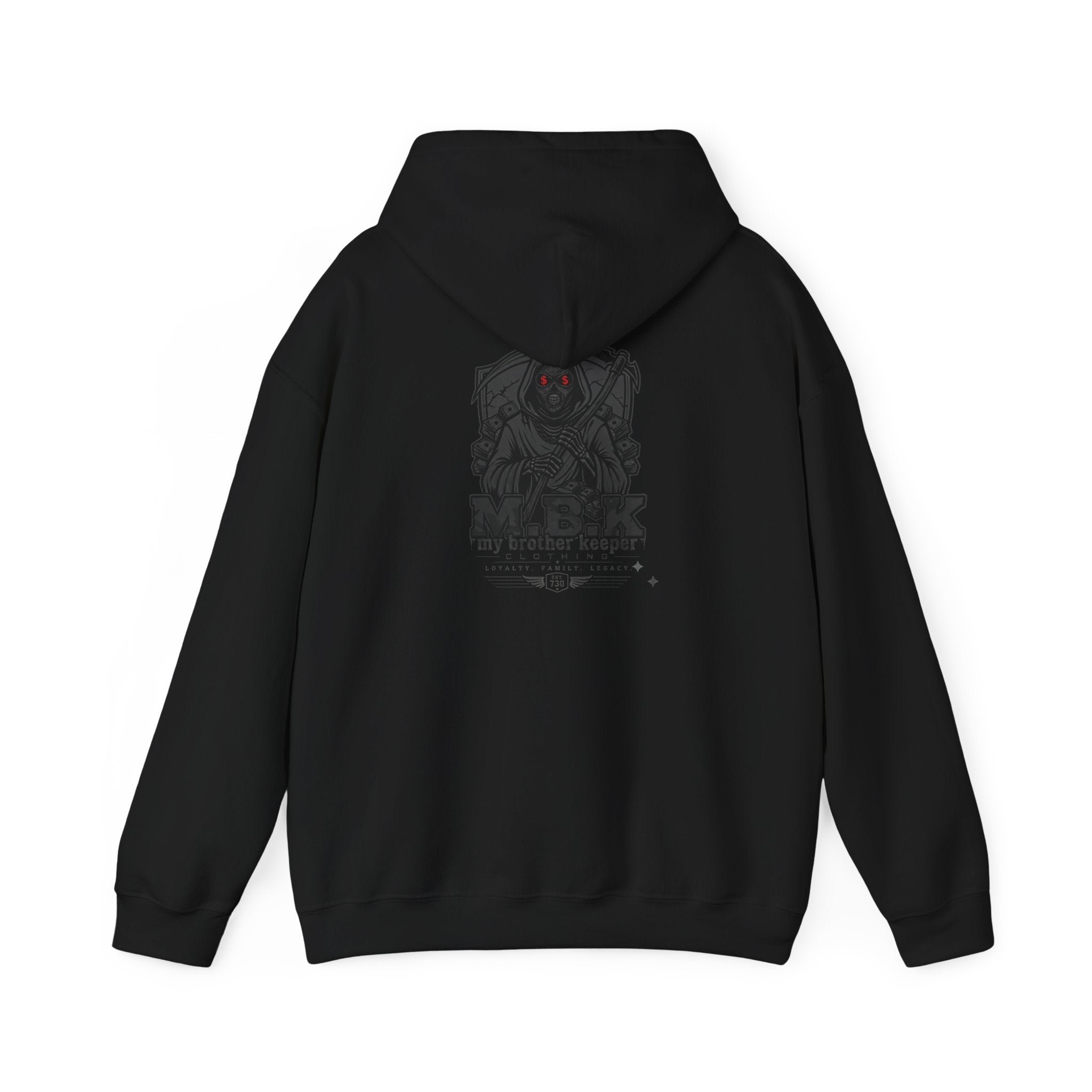 Hoodie — MBK “My Brother Keeper” Graphic Hoodie, Minimal Front Logo & Dark Back Art