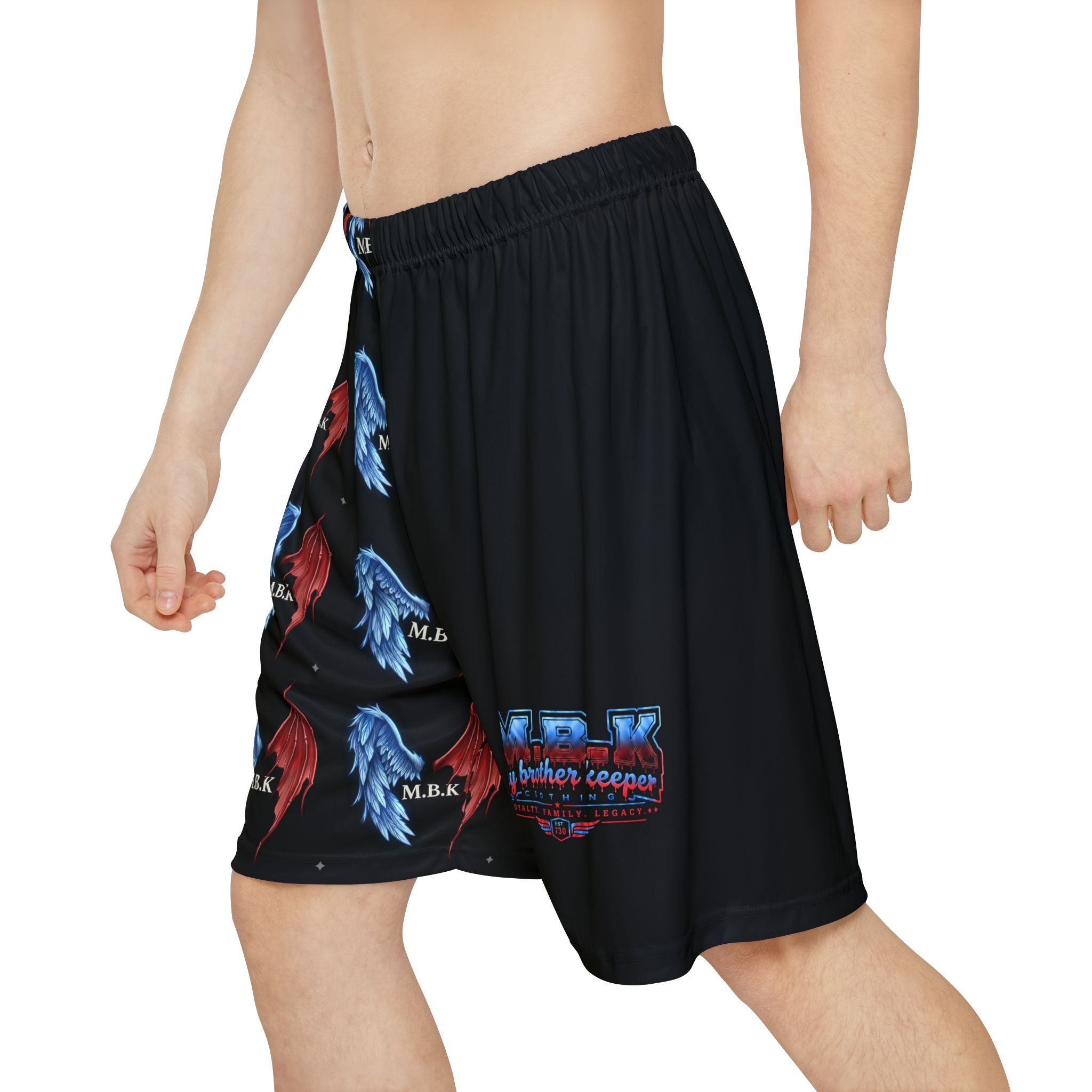 Men’s Athletic Shorts — Red & Blue Wing Pattern with 'M.B.K.' Accent