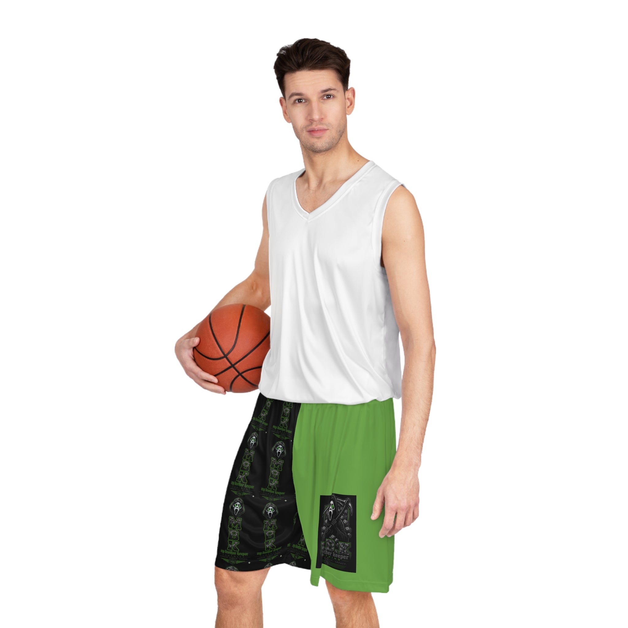 Basketball Shorts — Green & Black Horror Scream Mask All-Over Print