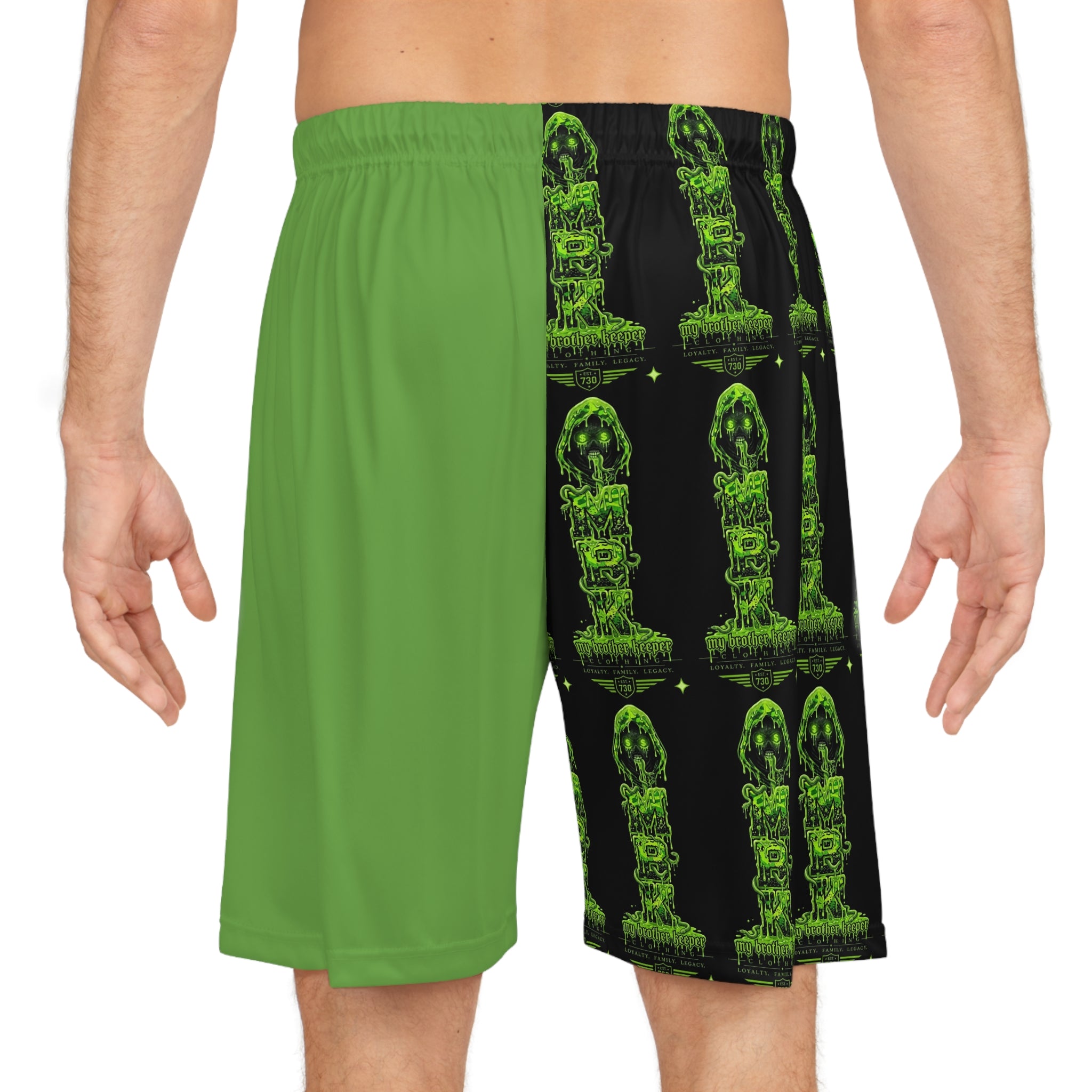 Neon Green Statue Basketball Shorts — All-Over Print Athletic Shorts