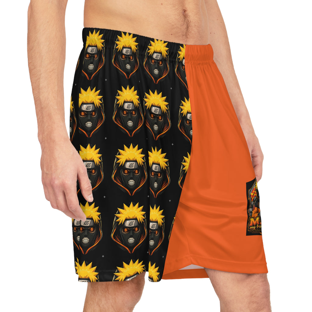 Anime-Inspired Orange Basketball Shorts — Dual-Panel AOP with Character Mask Pattern