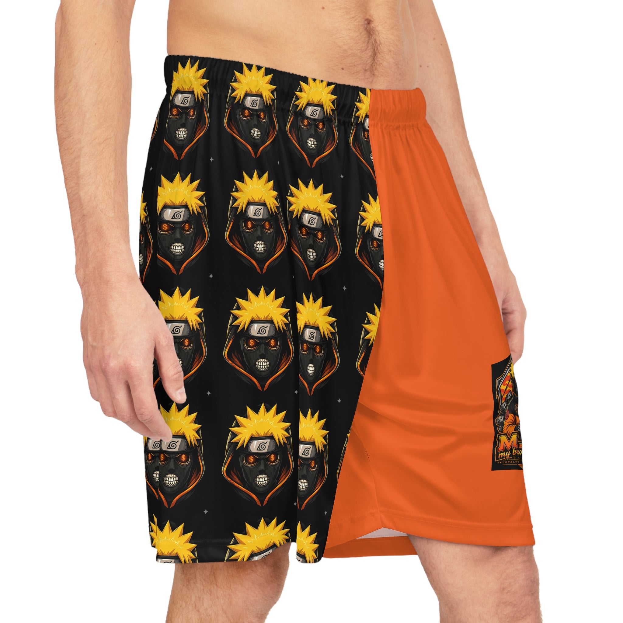 Anime-Inspired Orange Basketball Shorts — Dual-Panel AOP with Character Mask Pattern
