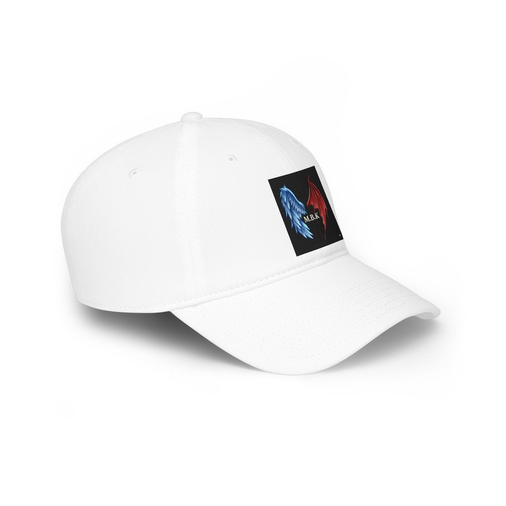 Angel Wings Baseball Cap — Blue & Red Split Wings "M.E.B.K." Embroidered Low Profile Hat