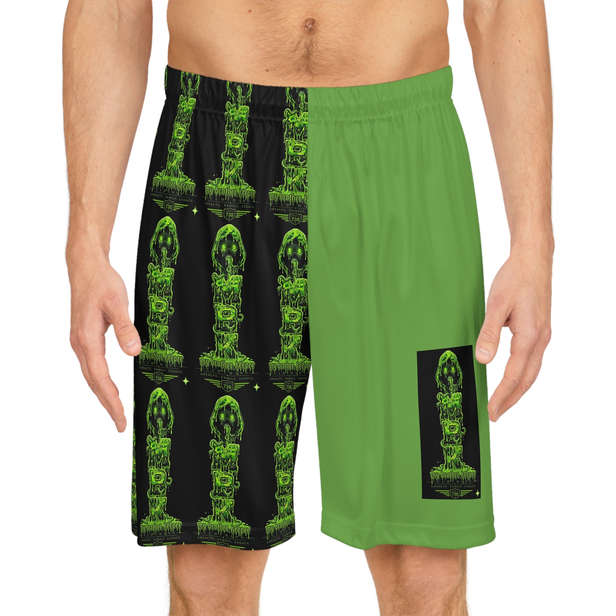 Neon Green Statue Basketball Shorts — All-Over Print Athletic Shorts