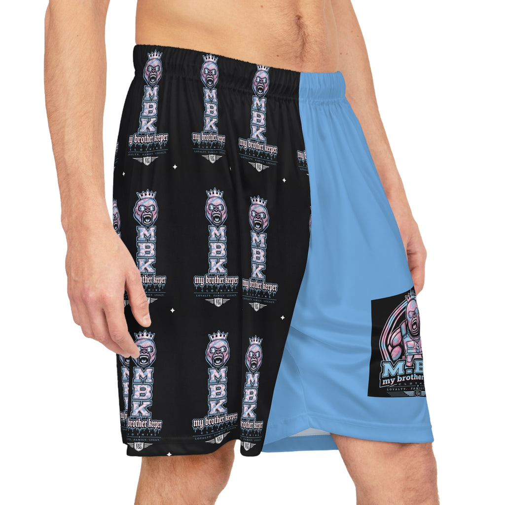 Split-Panel Basketball Shorts with MBK Logo — AOP Athletic Game Shorts