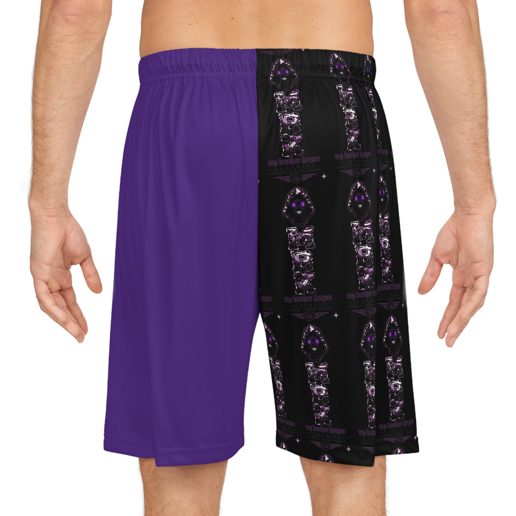 Purple Split-Panel Basketball Shorts with Gothic Skull AOP