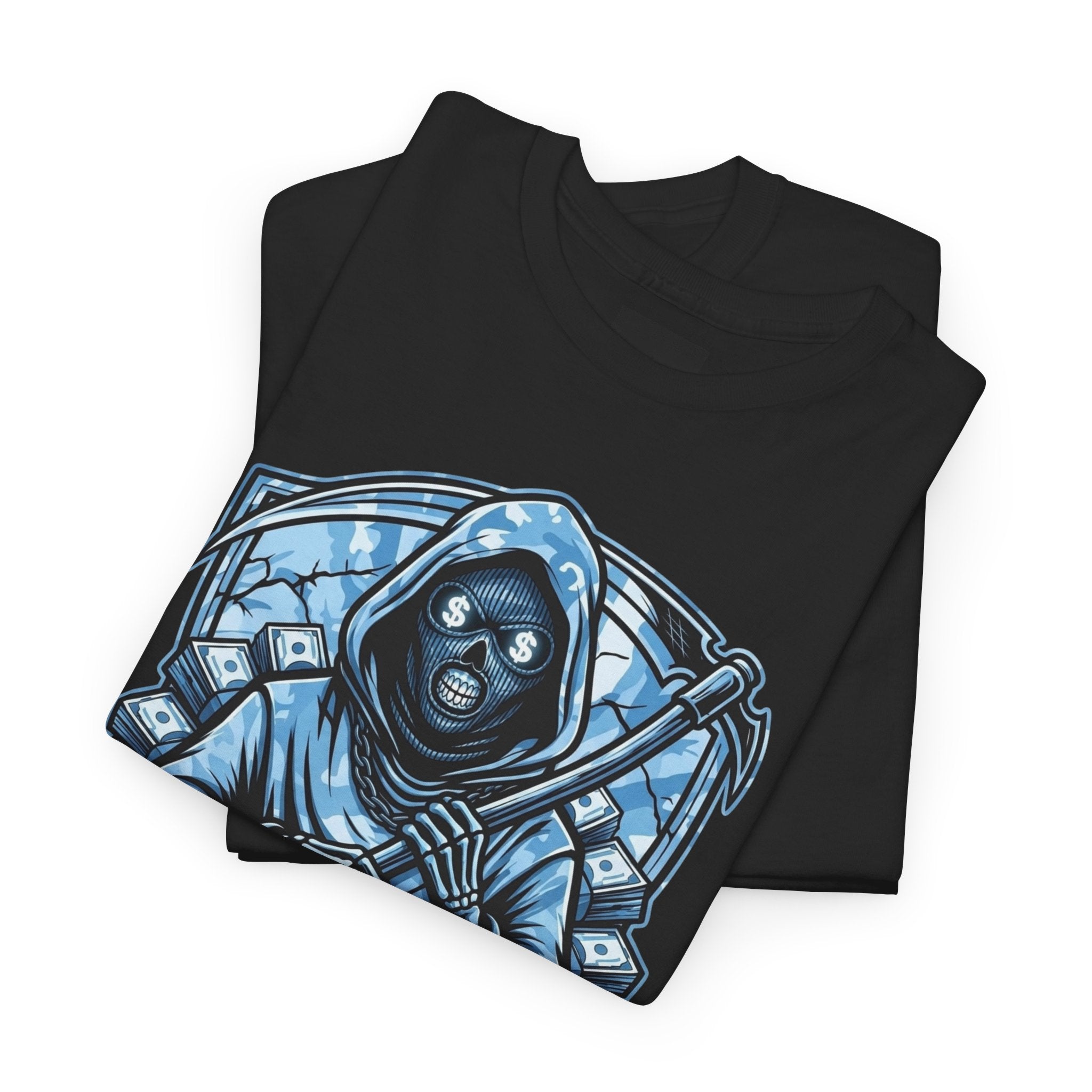 Grim Reaper Graphic Tee — M.B.K. Ice Blue Skull T-Shirt