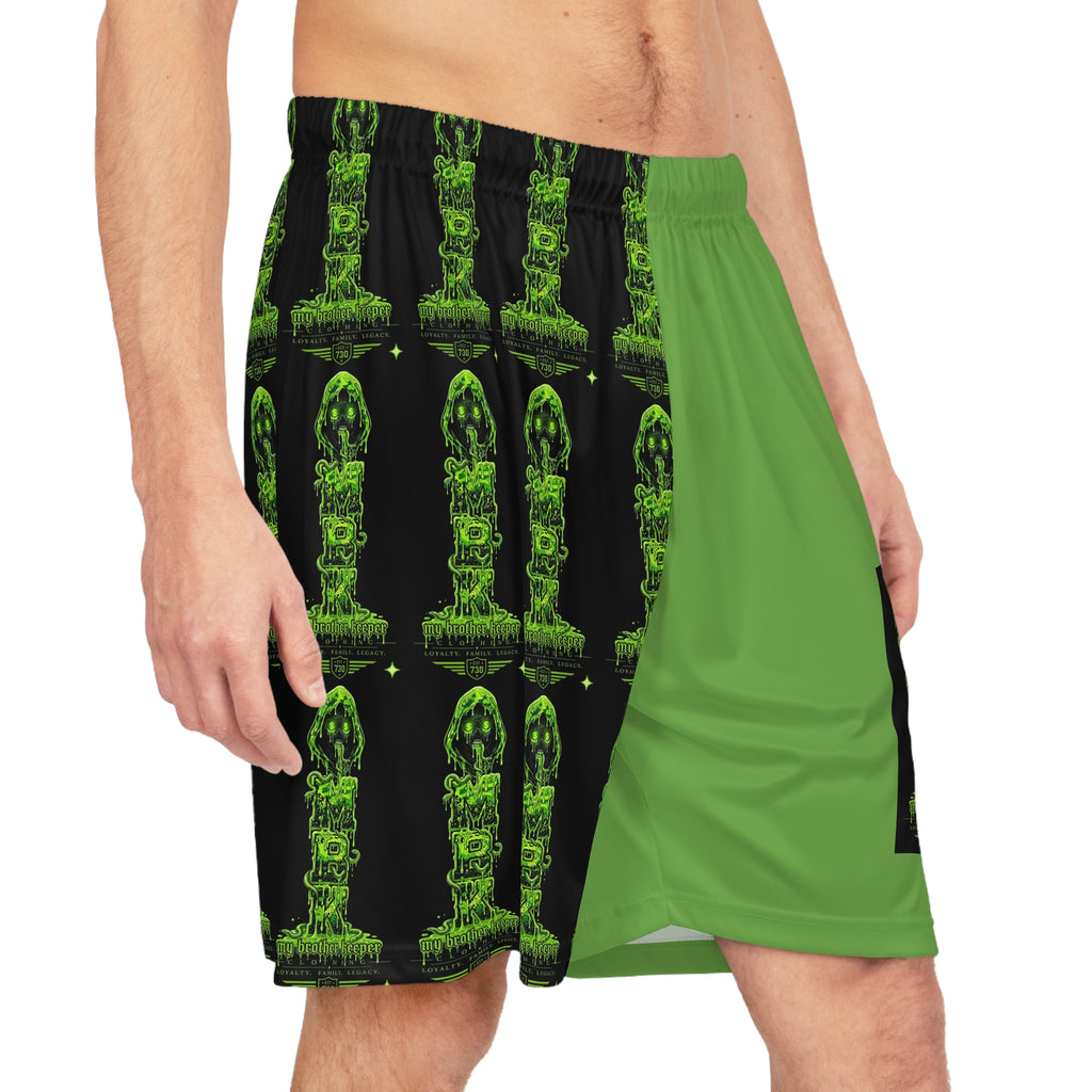 Neon Green Statue Basketball Shorts — All-Over Print Athletic Shorts