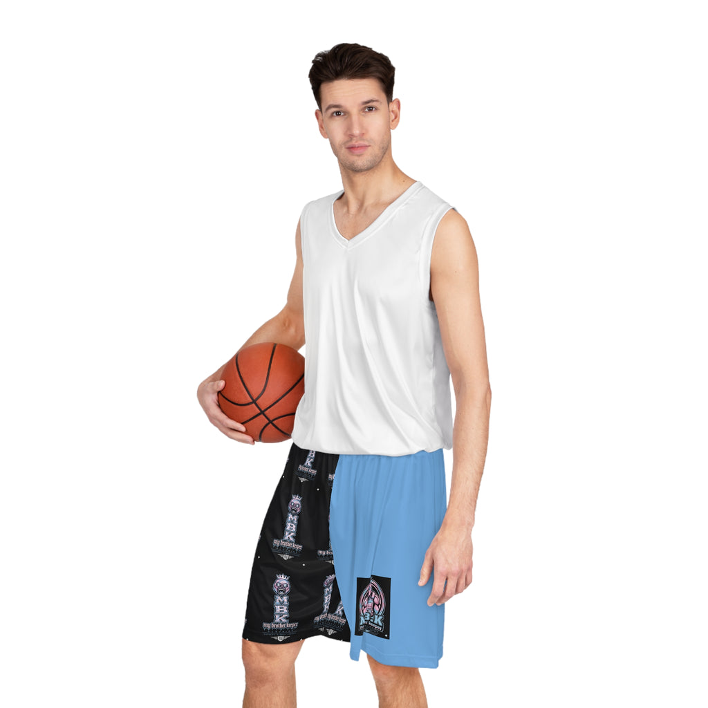 Split-Panel Basketball Shorts with MBK Logo — AOP Athletic Game Shorts