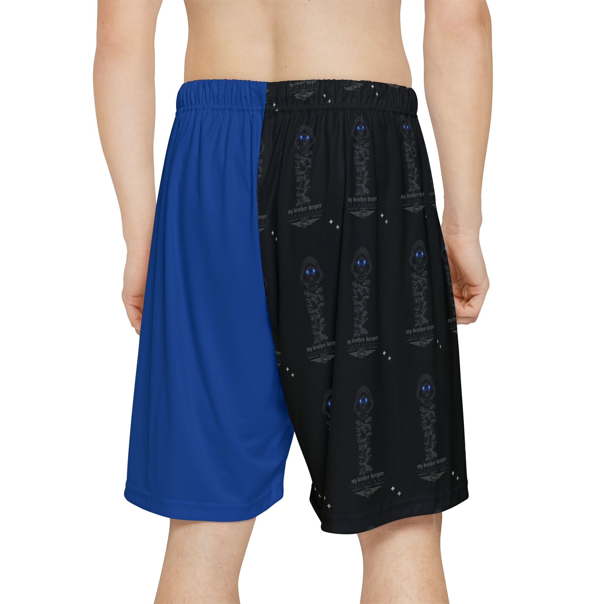 Galaxy Blue & Black Split Athletic Shorts — Space Skull Graphic Men’s Sports Shorts