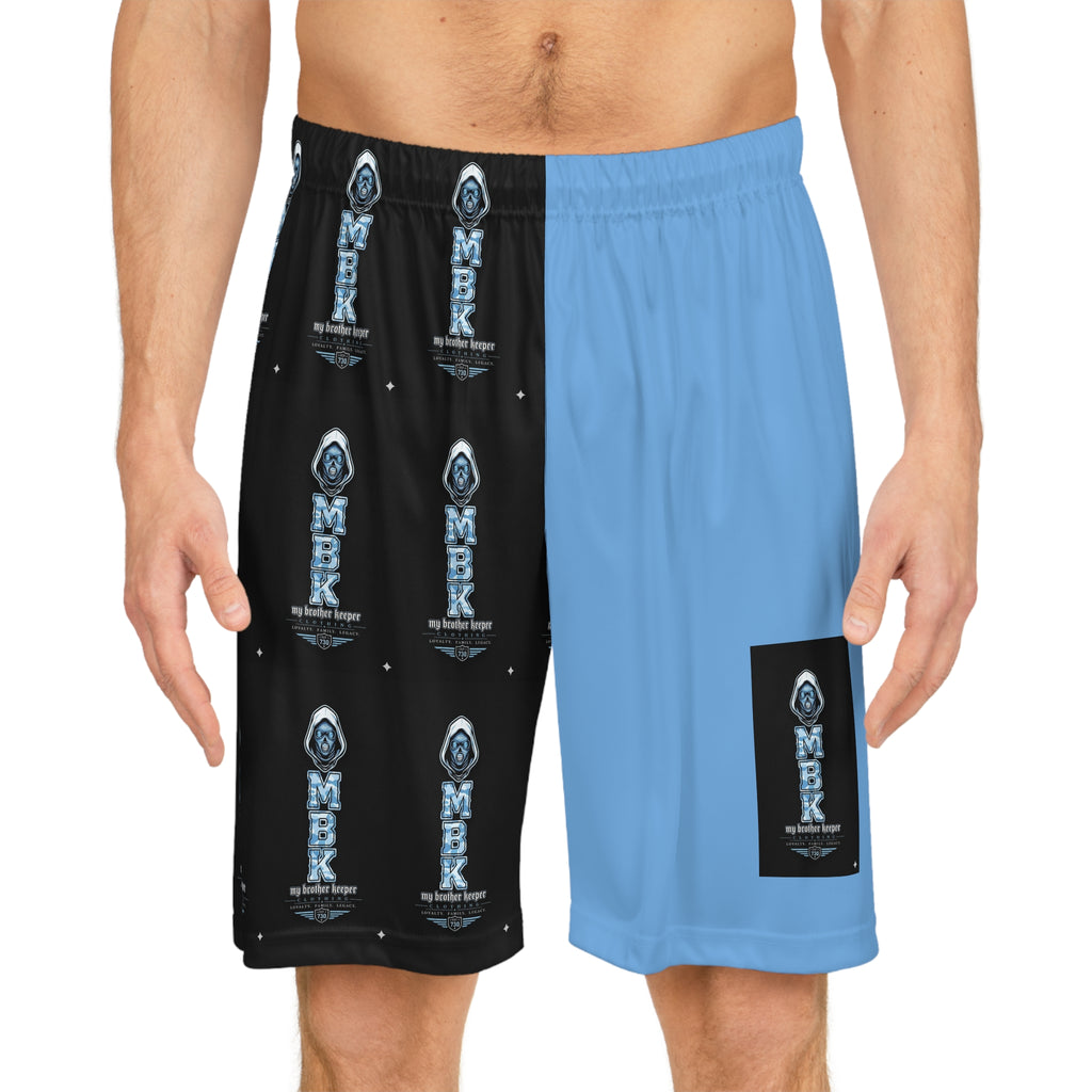 Split-Panel Basketball Shorts — Blue/Black Logo All-Over Print
