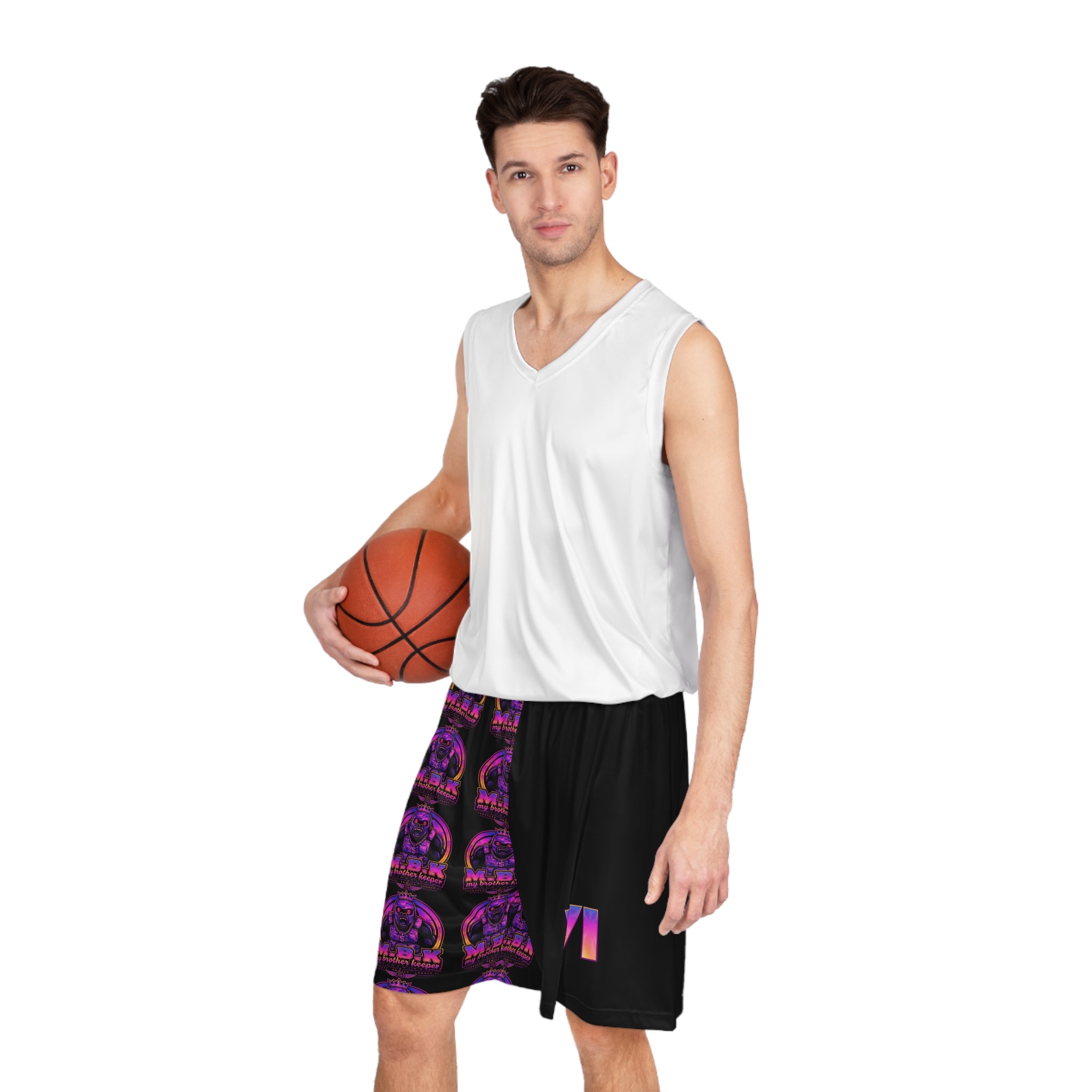 Basketball Shorts – Neon Retro M.B.K. Logo All-Over Print