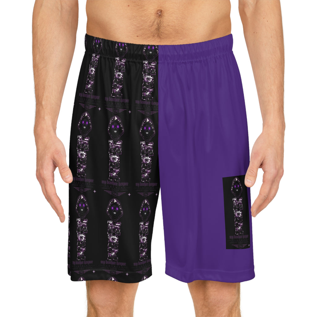 Purple Split-Panel Basketball Shorts with Gothic Skull AOP