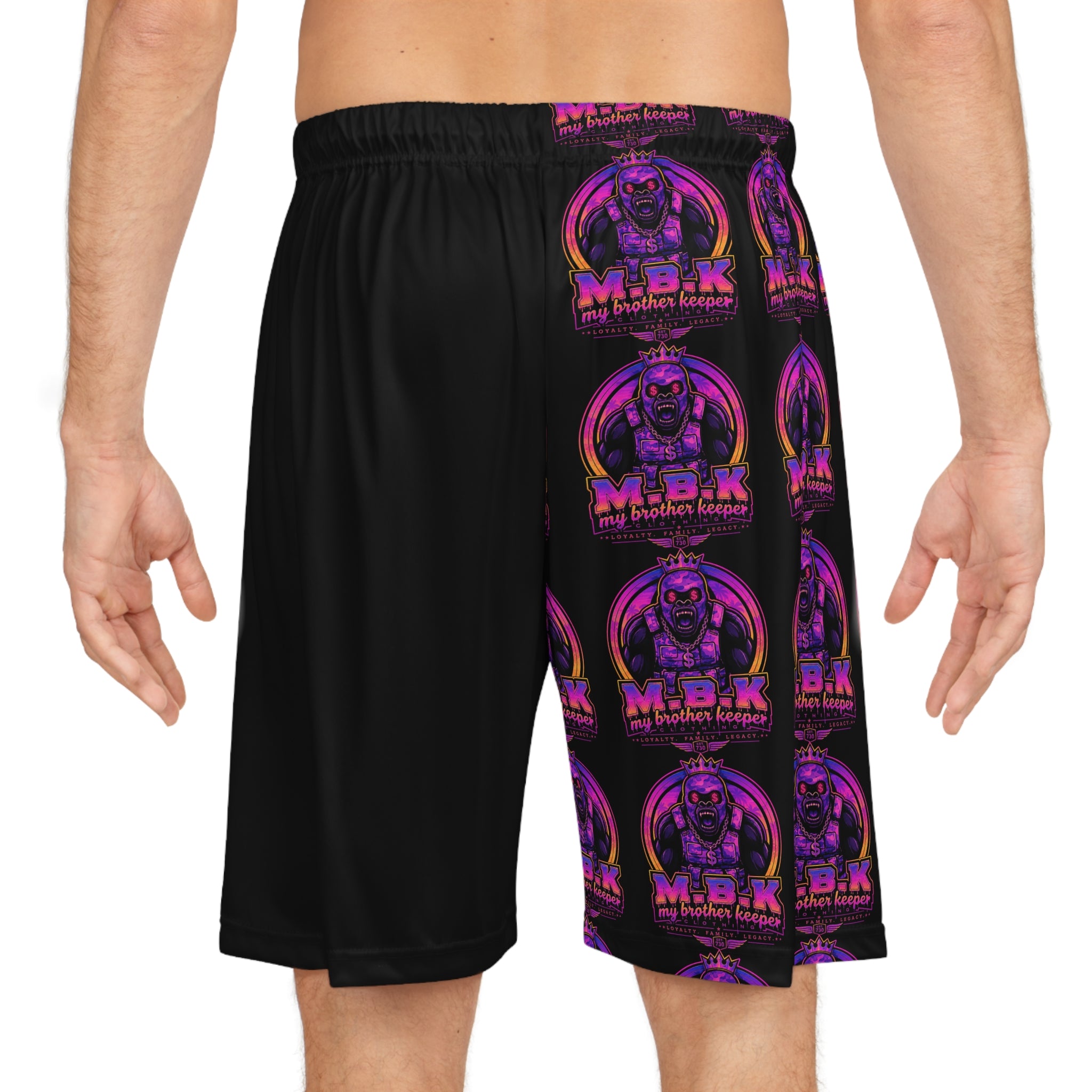 Basketball Shorts – Neon Retro M.B.K. Logo All-Over Print