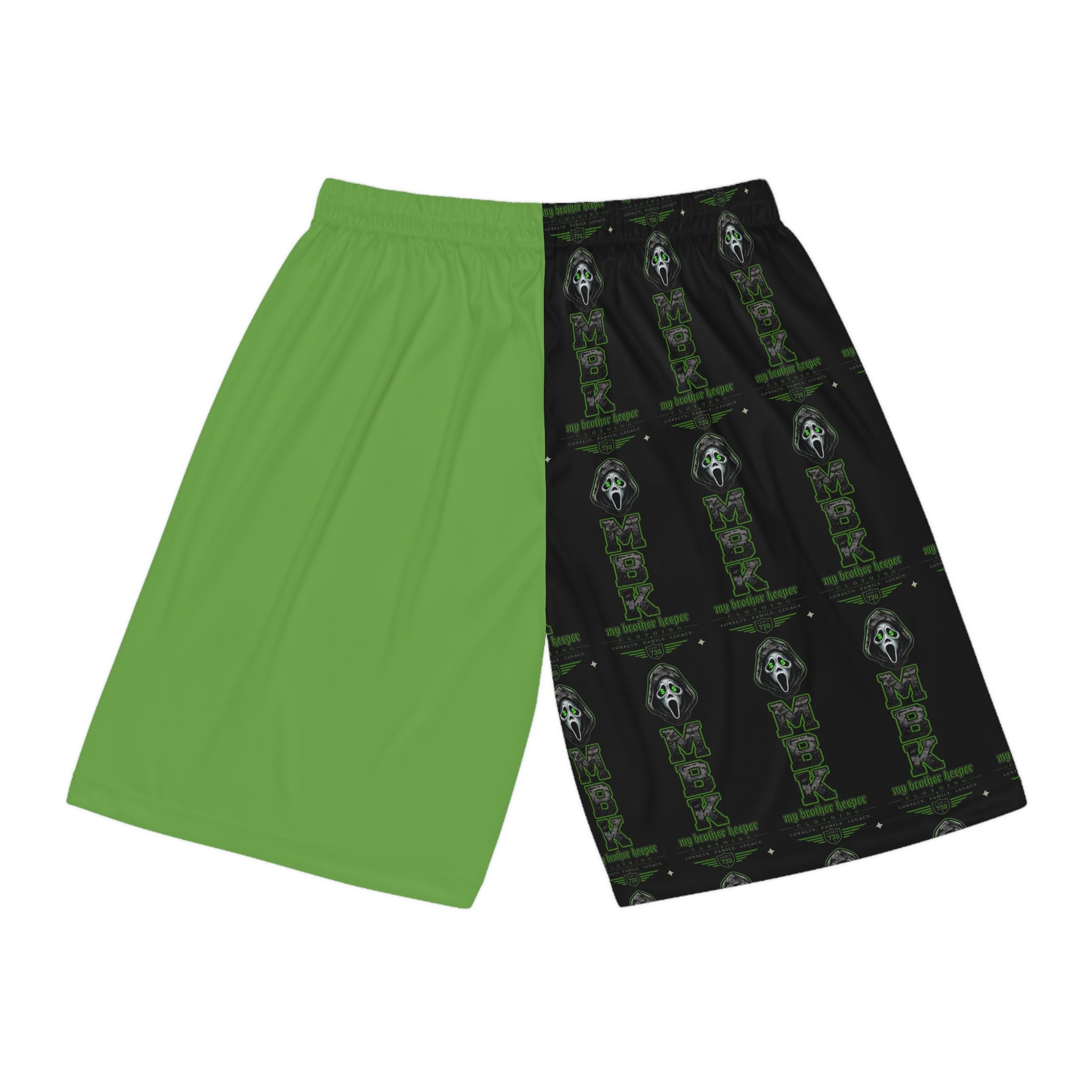 Basketball Shorts — Green & Black Horror Scream Mask All-Over Print