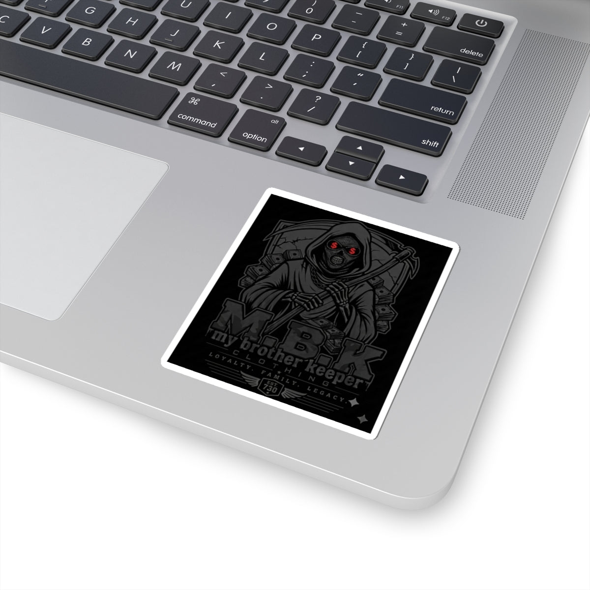 My Brother Keeper Grim Reaper Kiss-Cut Sticker — Dark Skull Scythe Laptop Decal