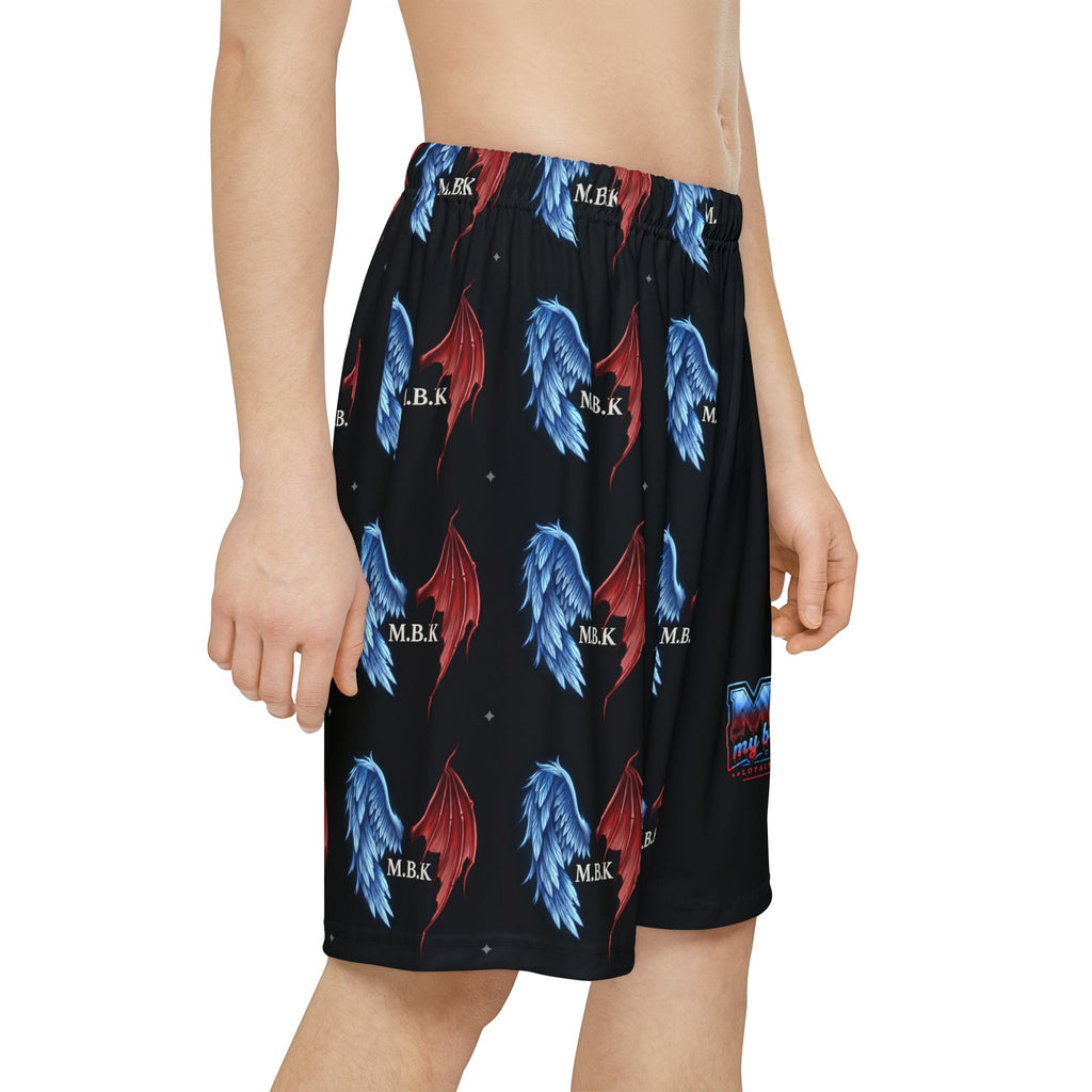 Men’s Athletic Shorts — Red & Blue Wing Pattern with 'M.B.K.' Accent