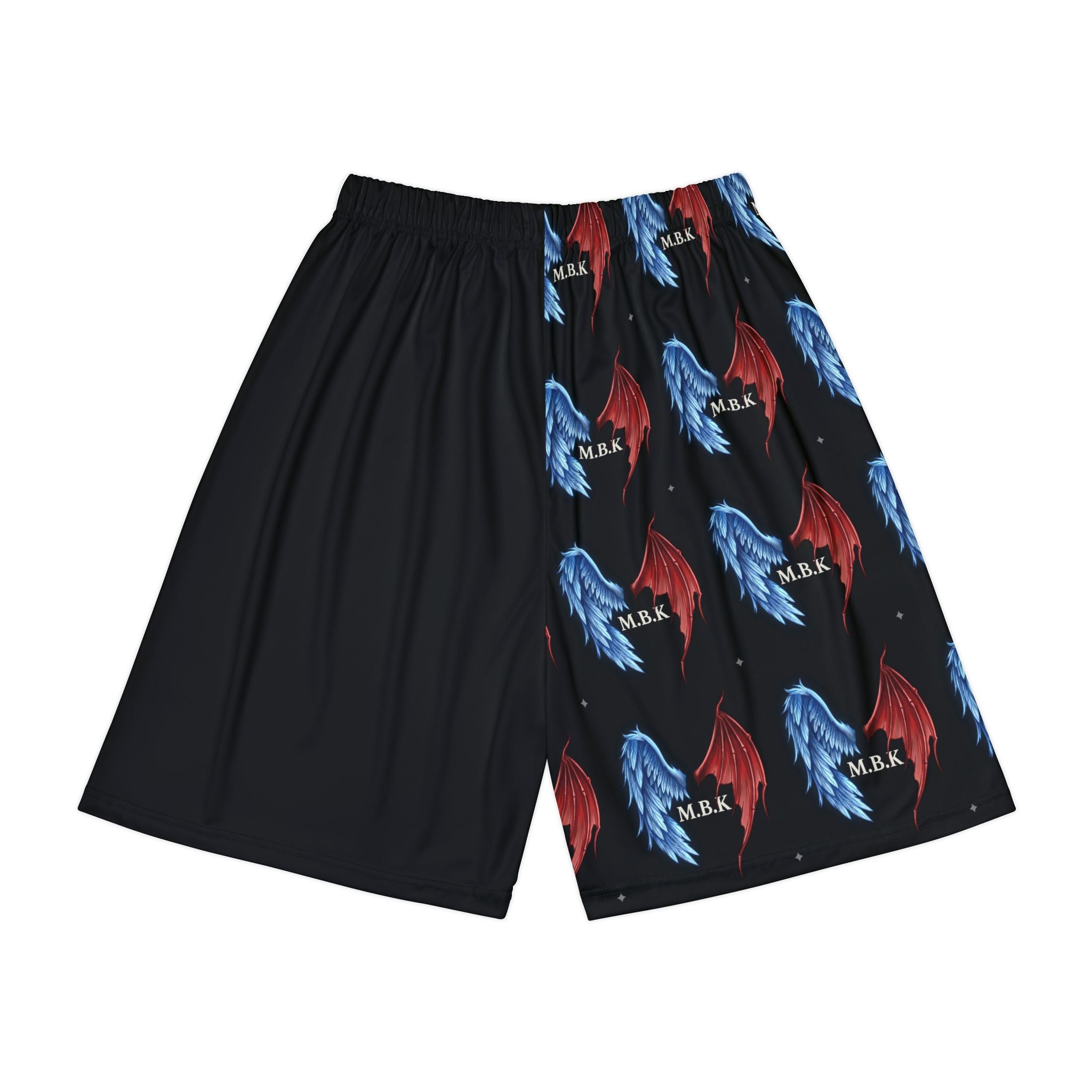 Men’s Athletic Shorts — Red & Blue Wing Pattern with 'M.B.K.' Accent