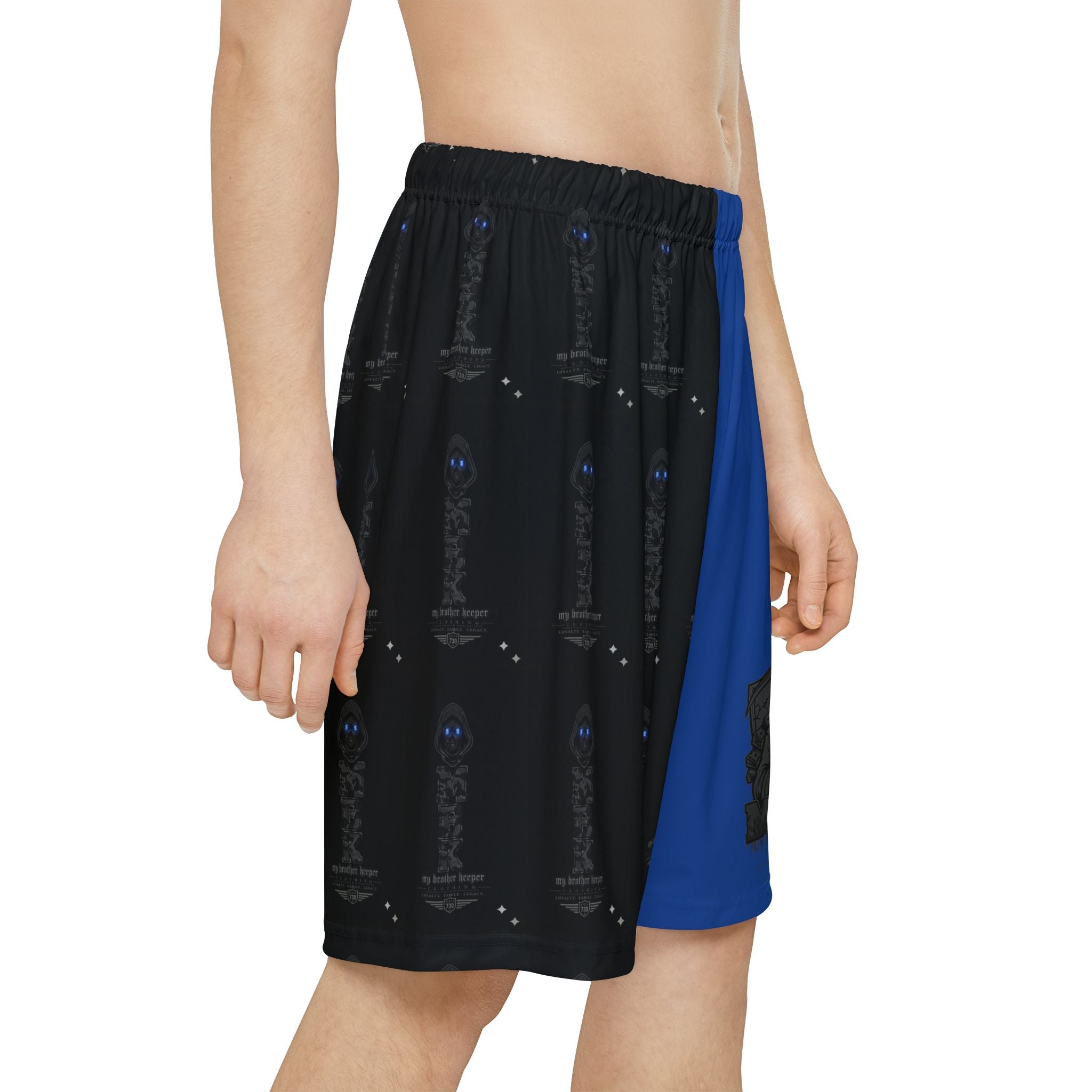 Galaxy Blue & Black Split Athletic Shorts — Space Skull Graphic Men’s Sports Shorts